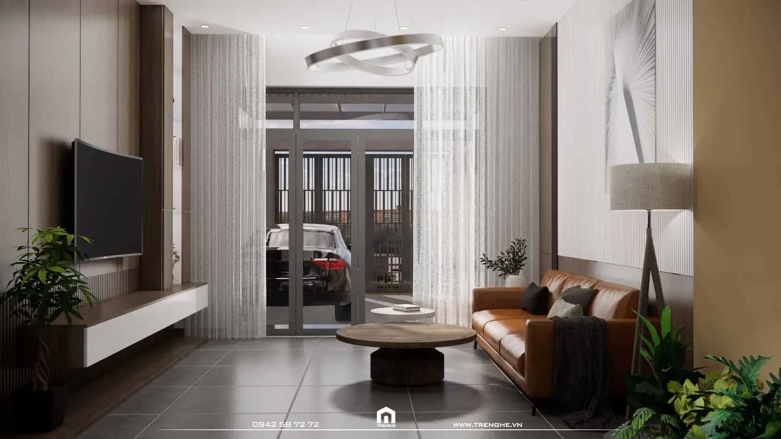 Phòng khách nhà phố Q’ House sử dụng gam màu xám – nâu làm chủ đạo