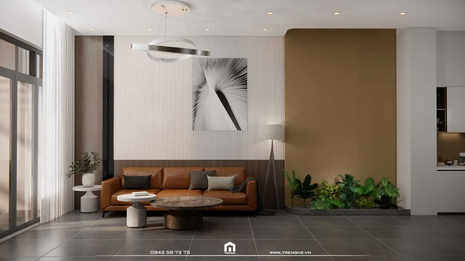 Phòng khách ấn tượng với bộ sofa da bò nổi bật