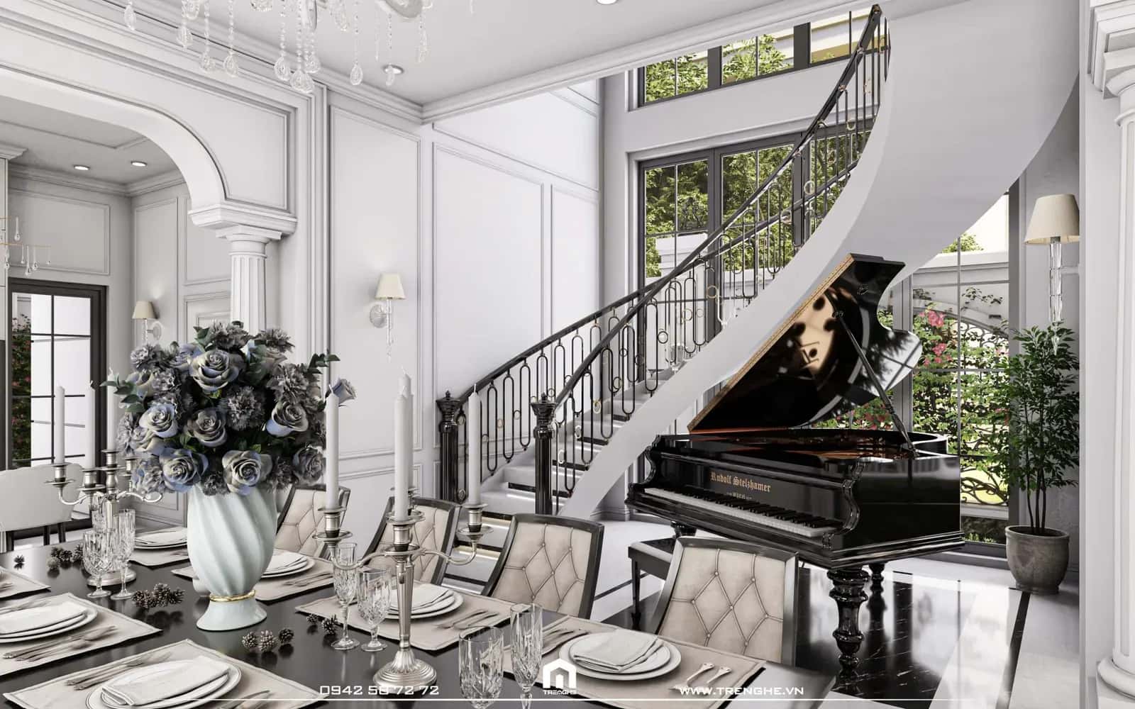 Bên cạnh bàn ăn của căn BA‘ Villa là cầu thang kết nối đến tầng 1