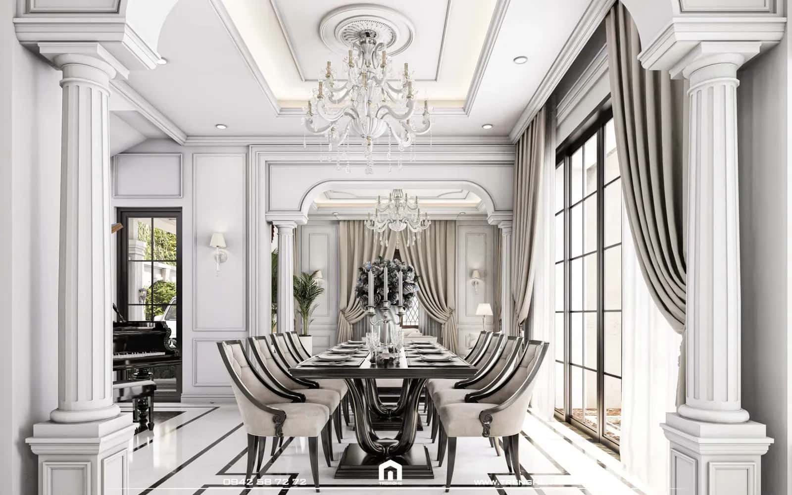 Bàn ăn BA‘ Villa được đặt tại khu vực có cửa sổ lớn để đón sáng
