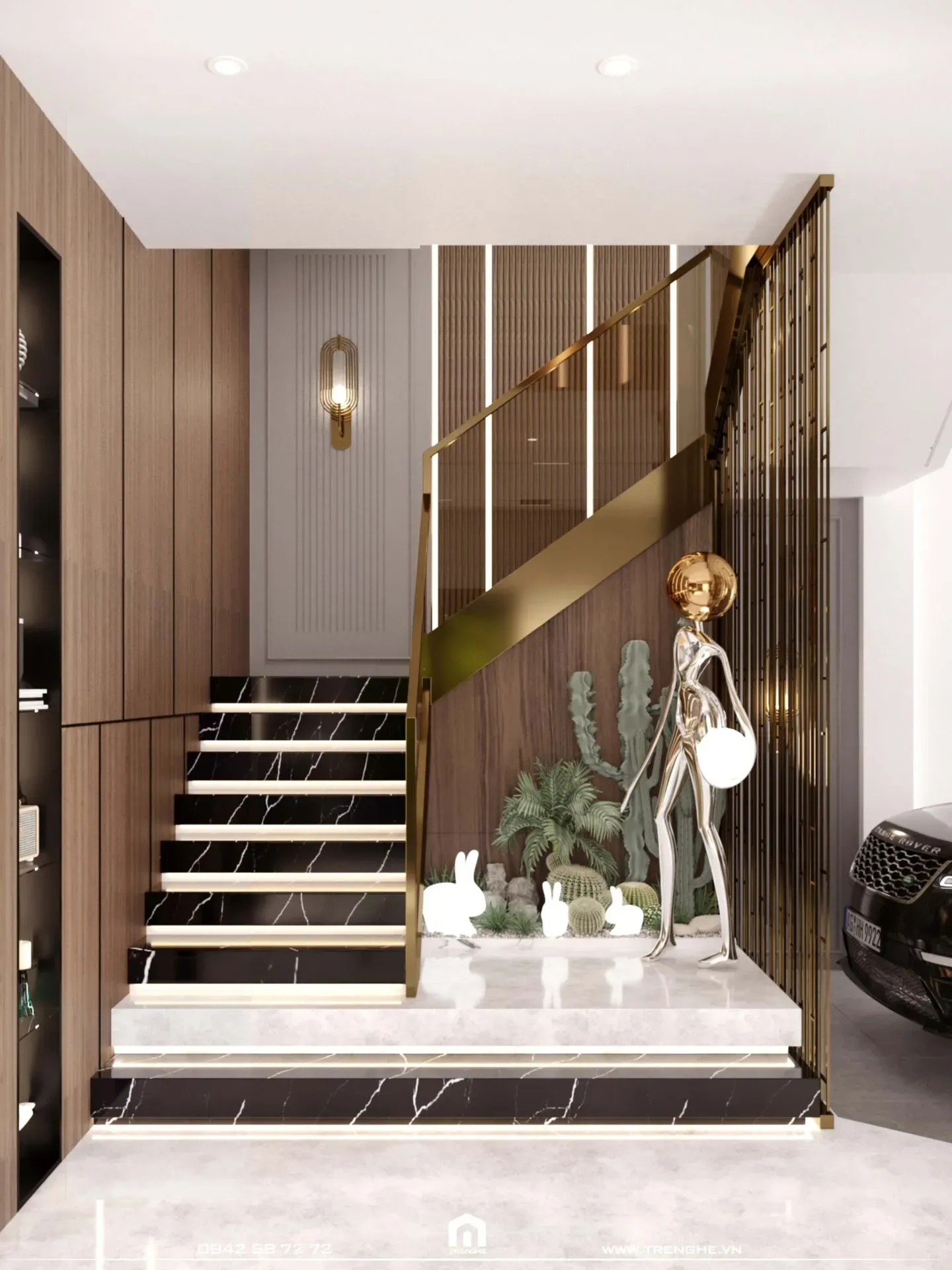 Thiết kế cầu thang bên cạnh garage ô tô biệt thự L’ Villa