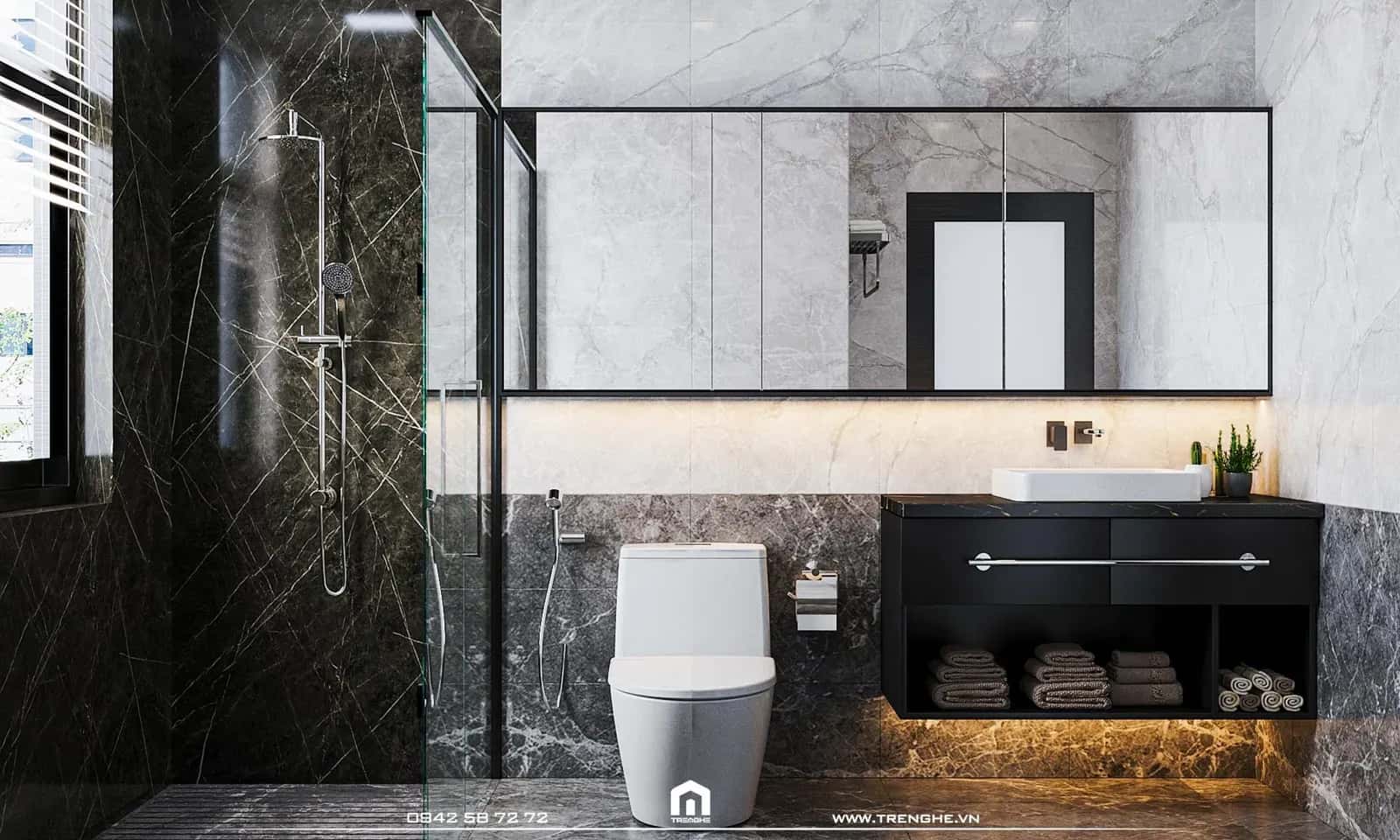 Phòng tắm phụ L’ Villa được ốp gạch chống trượt cho phần tường và sàn