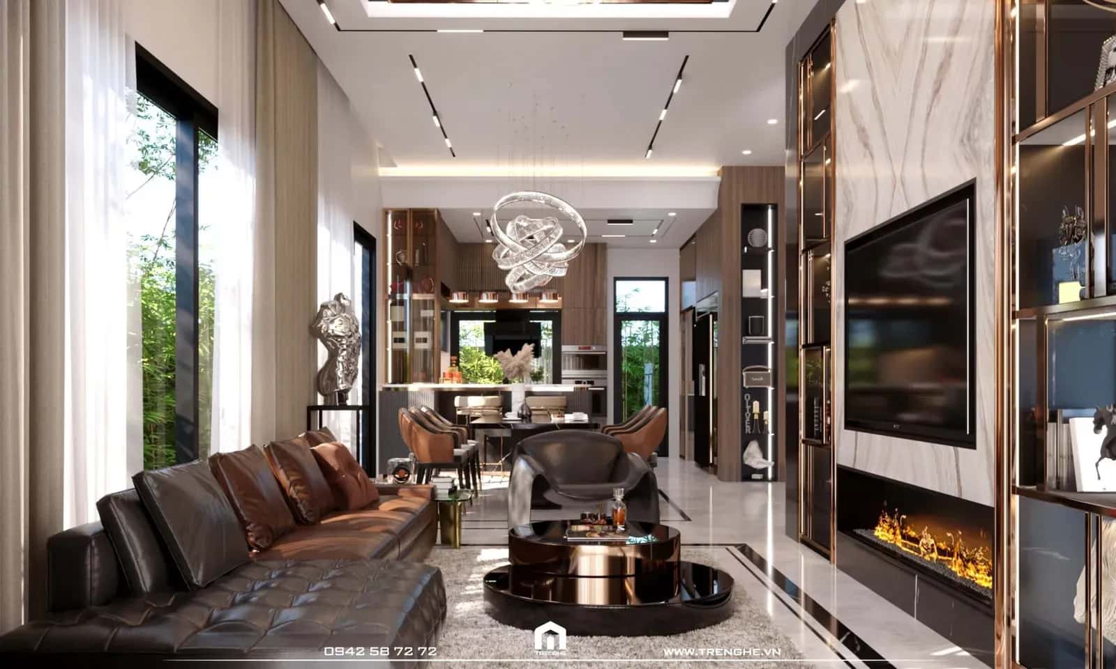 Không gian phòng khách biệt thự L’ Villa mang gam màu trầm sang trọng