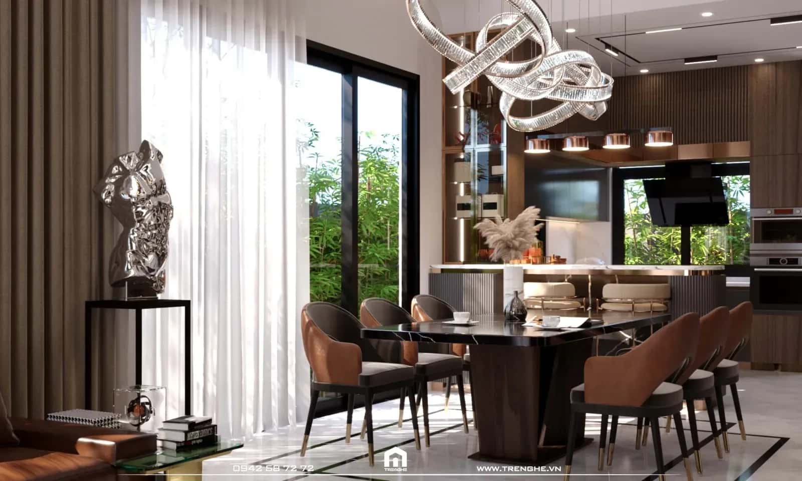 Tre Nghệ ứng dụng hệ thống đèn chiếu sáng để tạo chiều sâu cho không gian phòng bếp biệt thự L’ Villa