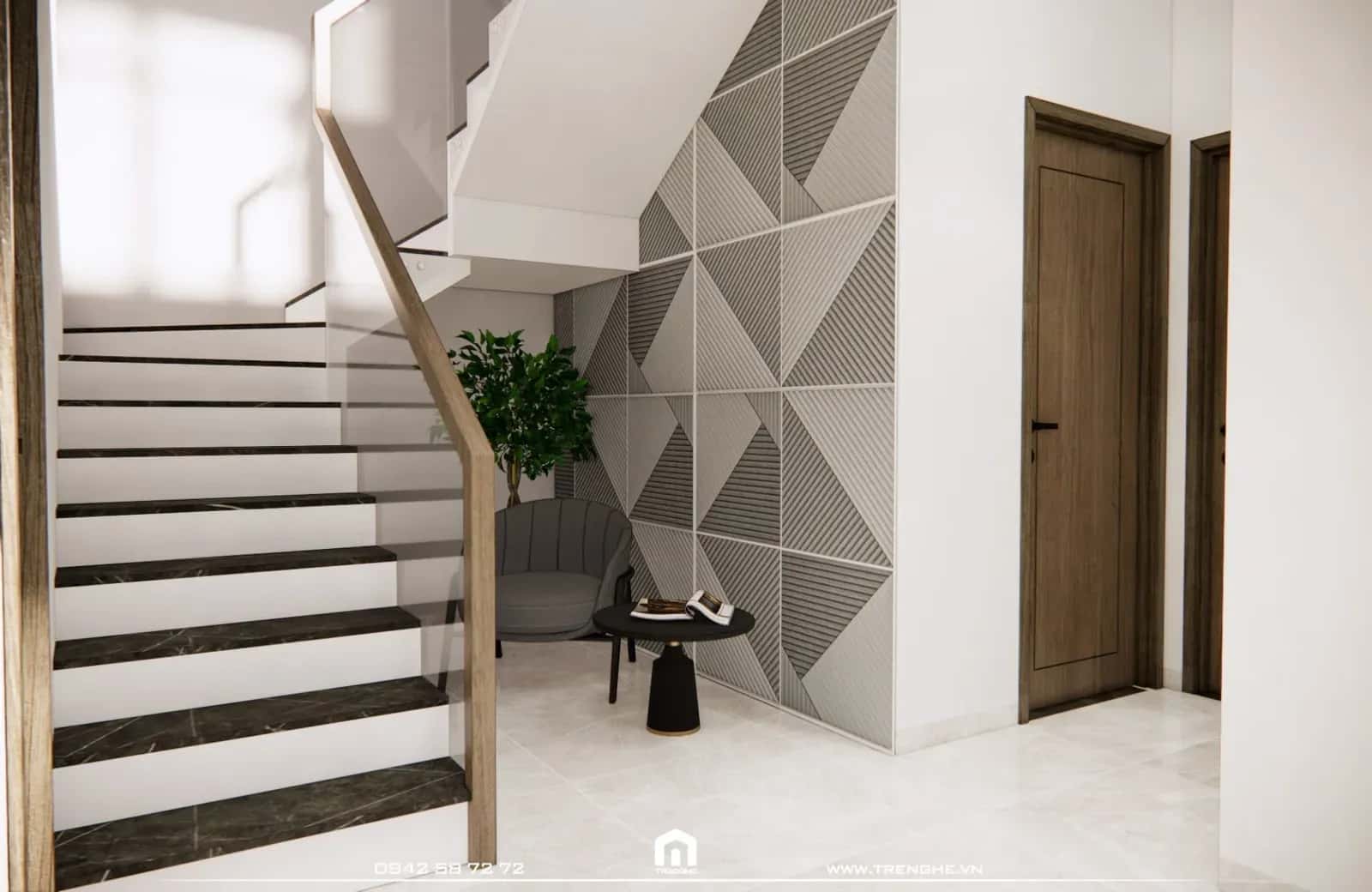 Chân cầu thang biệt thự N’ Villa được Tre Nghệ bố trí ghế ngồi tối ưu diện tích