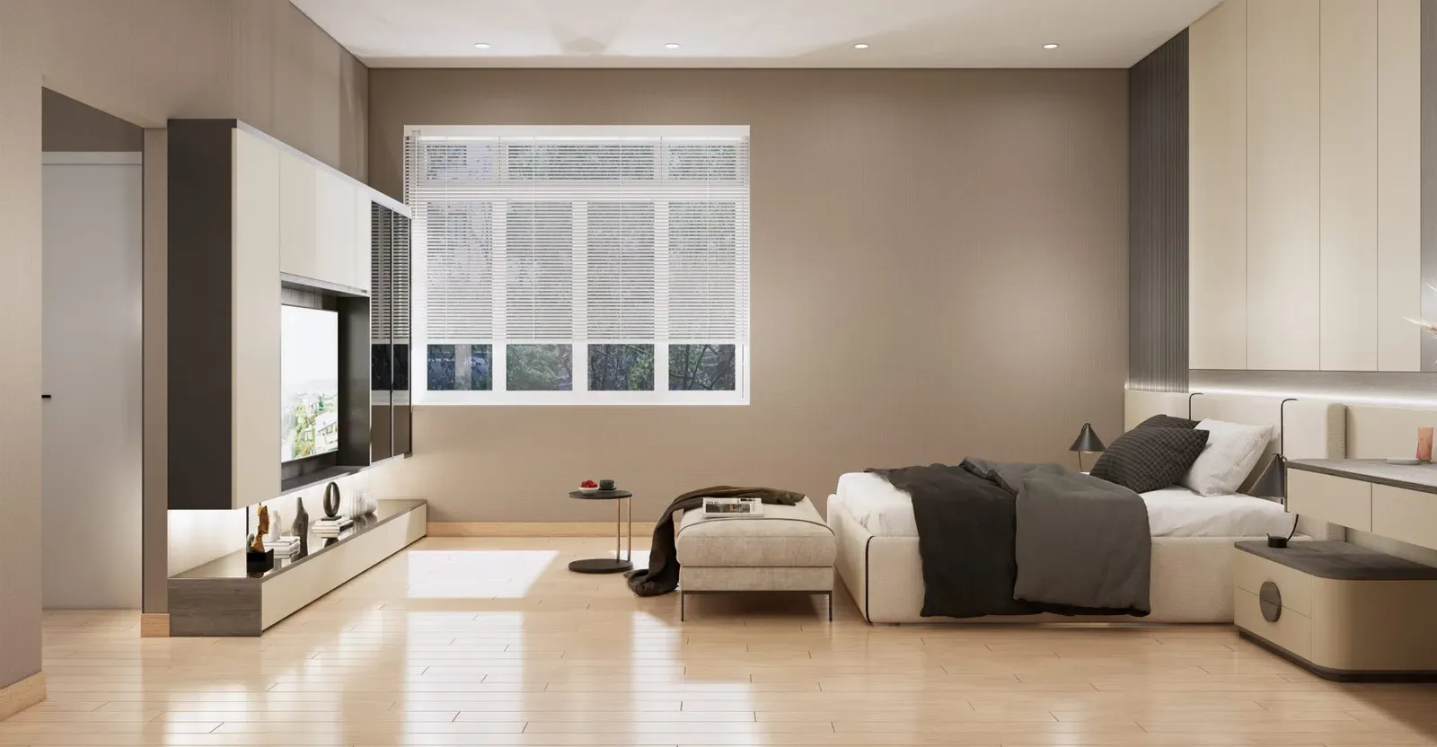 Giường ngủ lớn, ghế chân giường và bàn trang điểm treo tường được bố trí mang đậm nét xa hoa