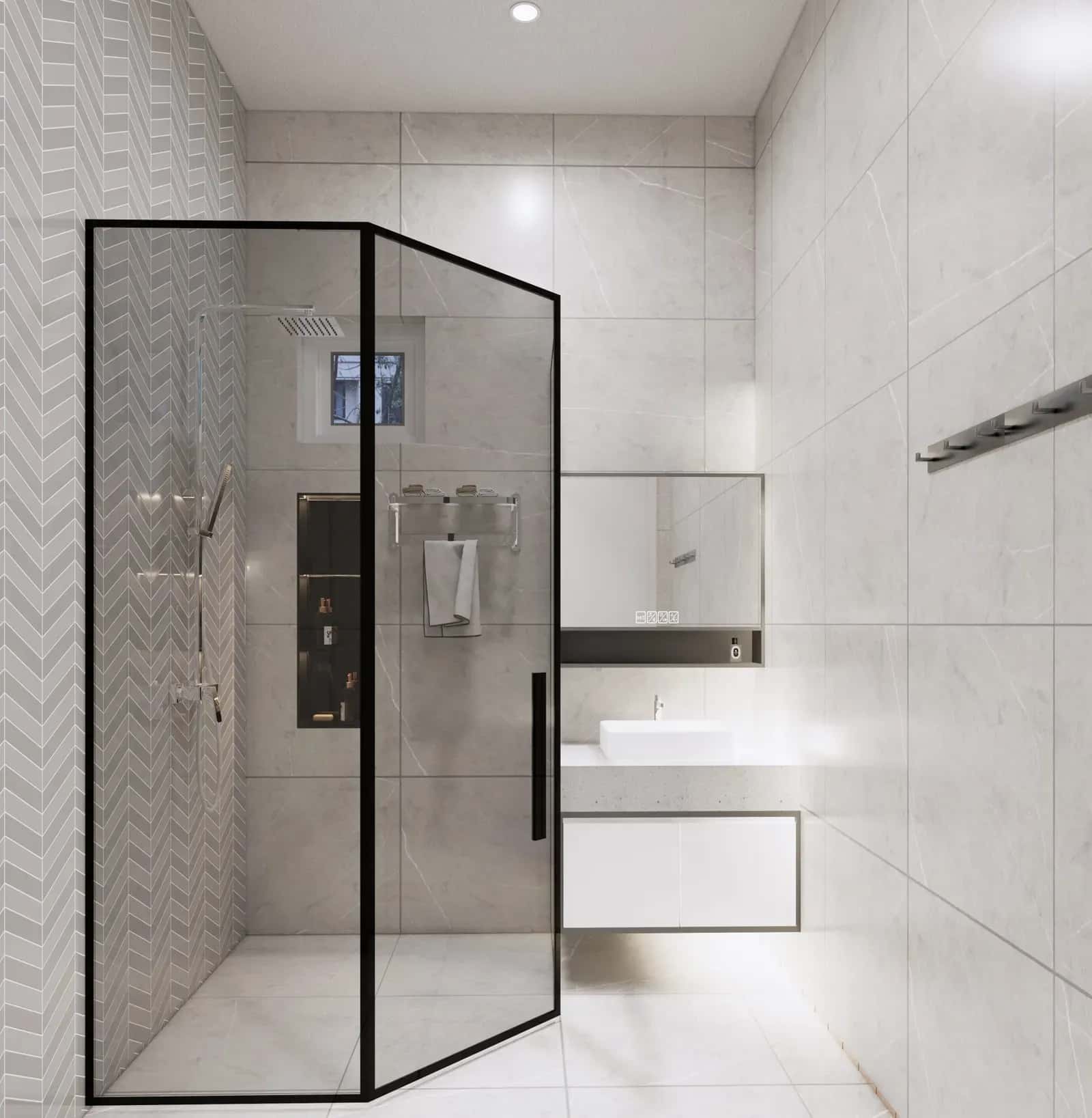 Hệ tủ kệ lavabo treo tường kết hợp đèn hắt giúp nâng tầm không gian như khách sạn cao cấp