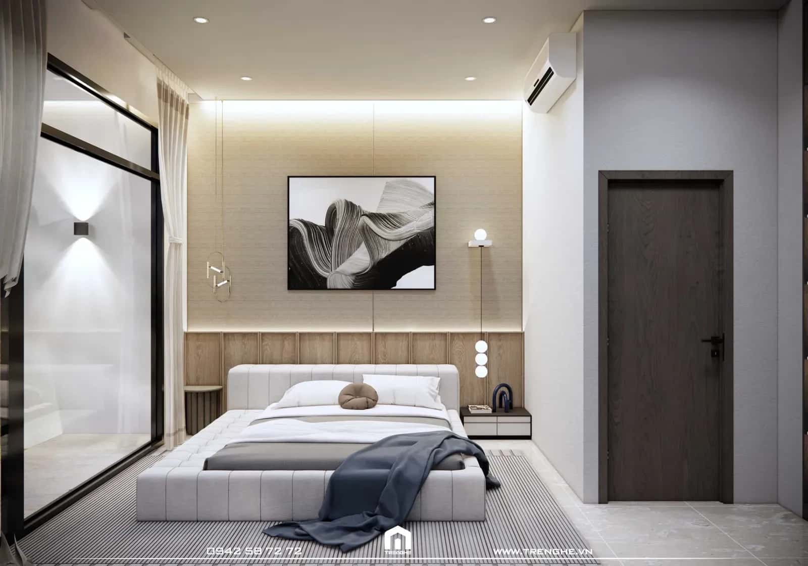 Một chiếc giường bọc vải ấm cúng được Tre Nghệ bố trí trong phòng ngủ D’ House