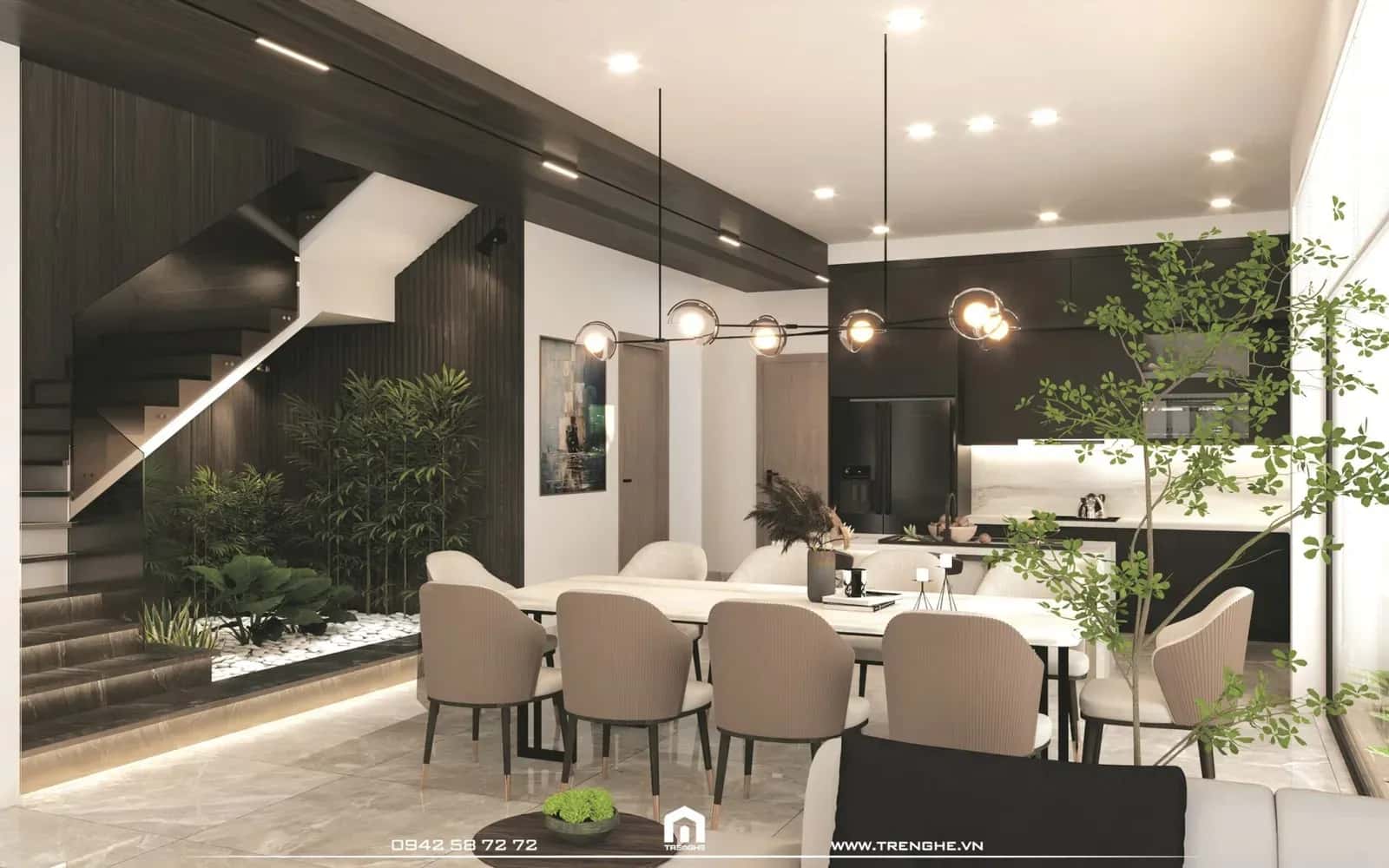 Tre Nghệ tạo không gian mở tại khu vực bếp và bàn ăn biệt thự H’ Villa