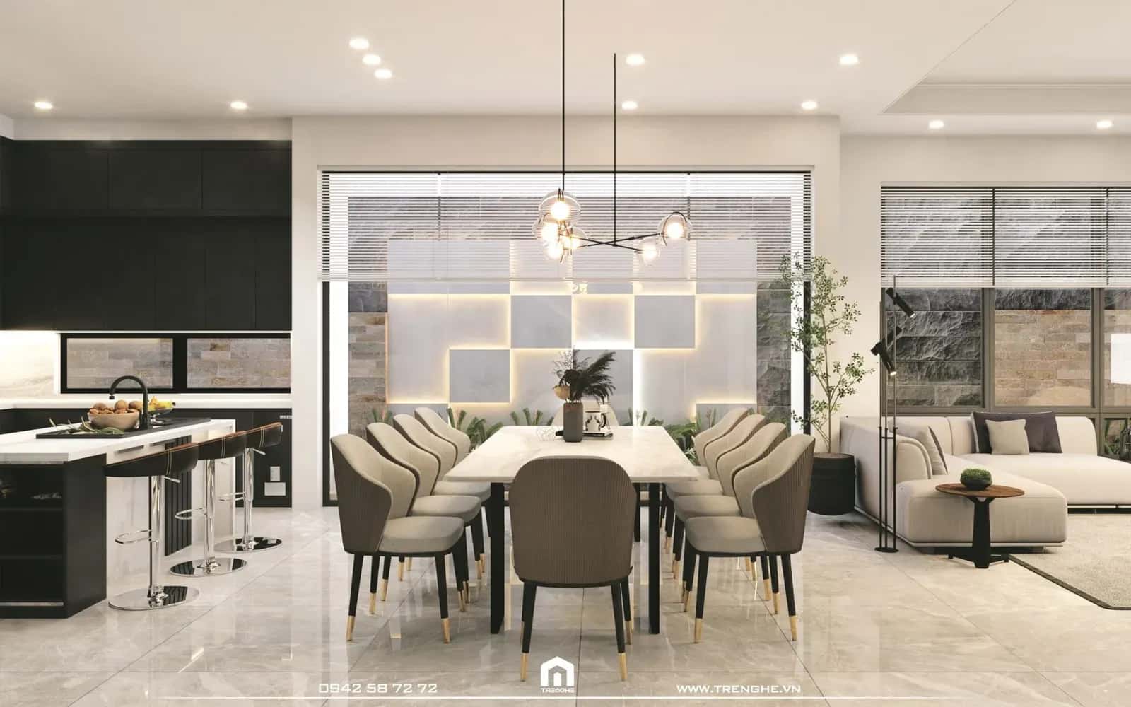 Bàn ăn biệt thự H’ Villa được đặt đối diện vách kính lớn để đón ánh sáng tự nhiên