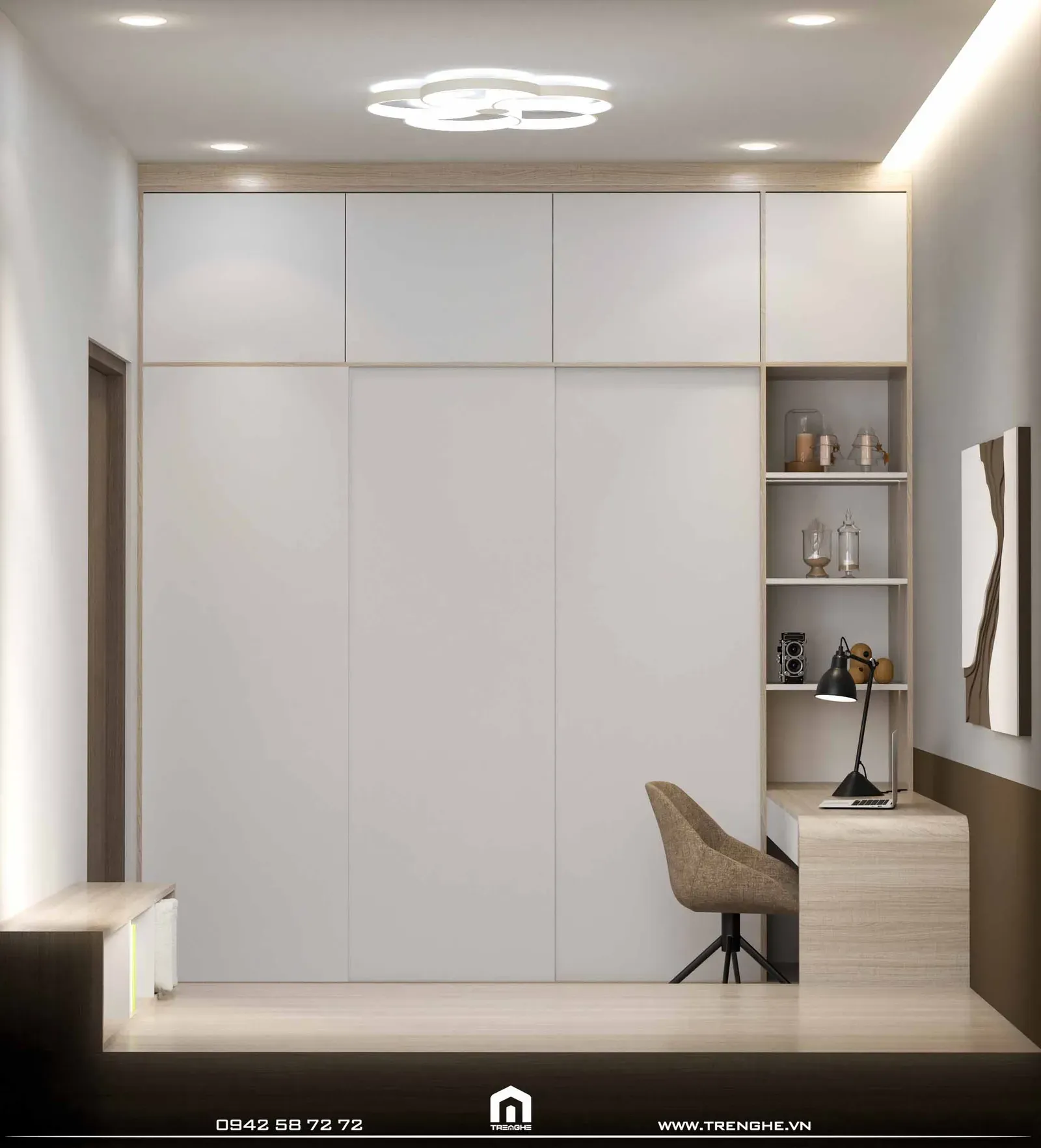 Giường ngủ cỡ queen size tại phòng ngủ L’ House