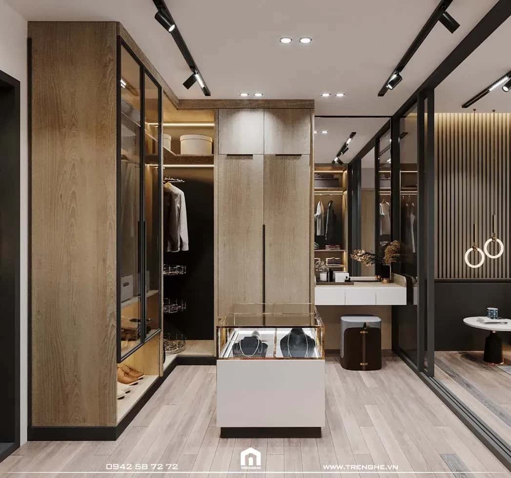 Hệ tủ gỗ và sàn gỗ cao cấp được Tre Nghệ lắp đặt tại phòng thay đồ L’ Villa
