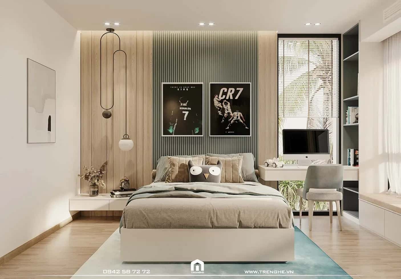 Phòng ngủ phụ L’ Villa mang gam màu xanh ngọc dịu mắt