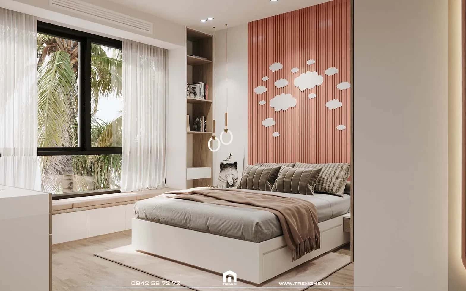 Tre Nghệ ốp hệ lam gỗ và trang trí phần vách tường đầu giường phòng ngủ L’