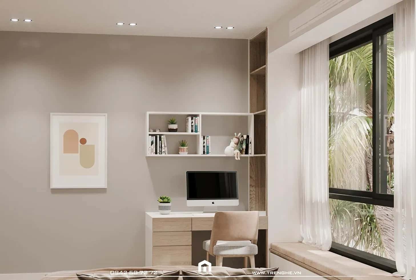 Bàn học và hệ tủ kệ tại phòng ngủ L’ Villa