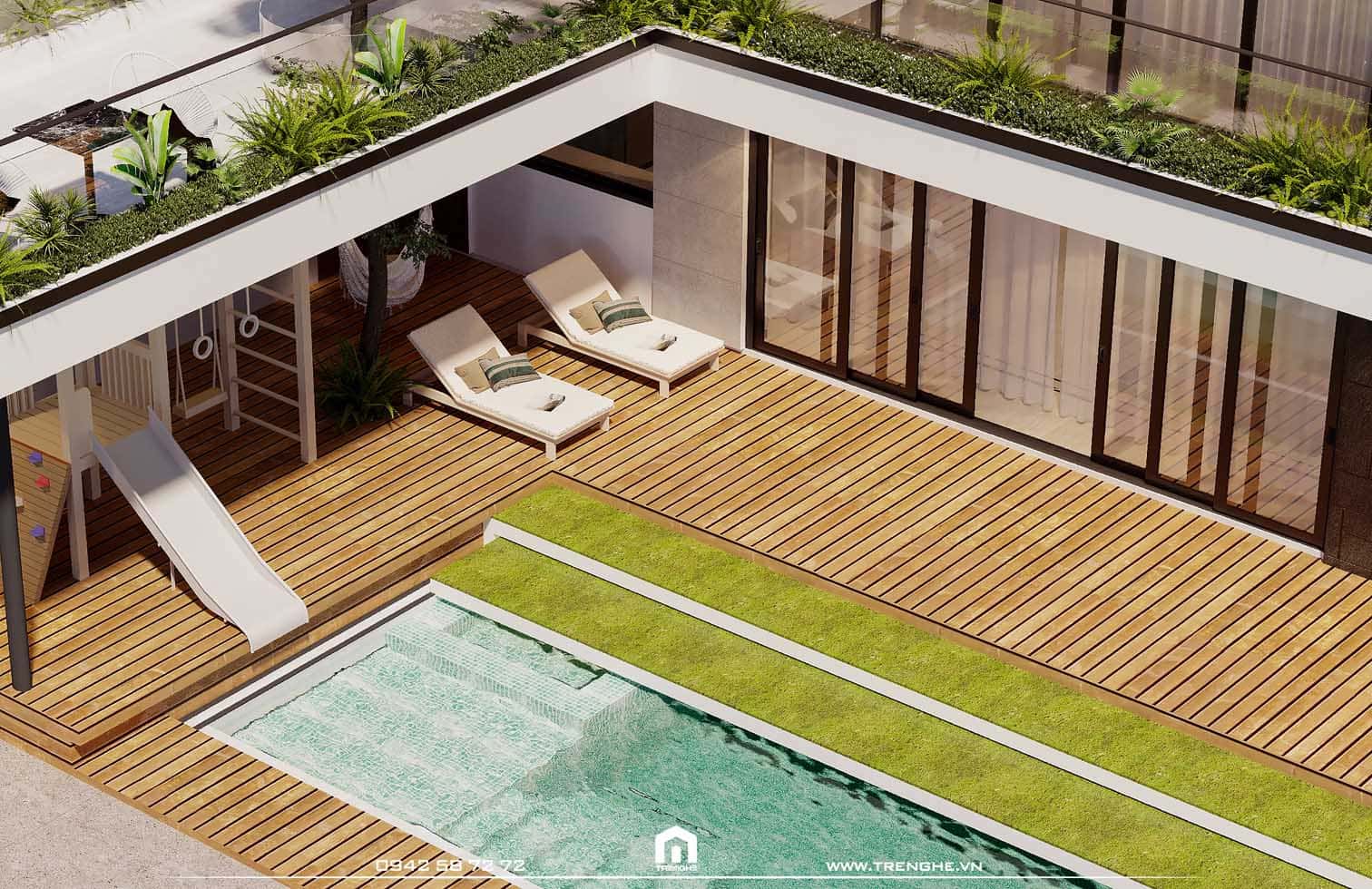 Hồ bơi mini tại L’ Villa được bố trí bên ngoài không gian phòng khách