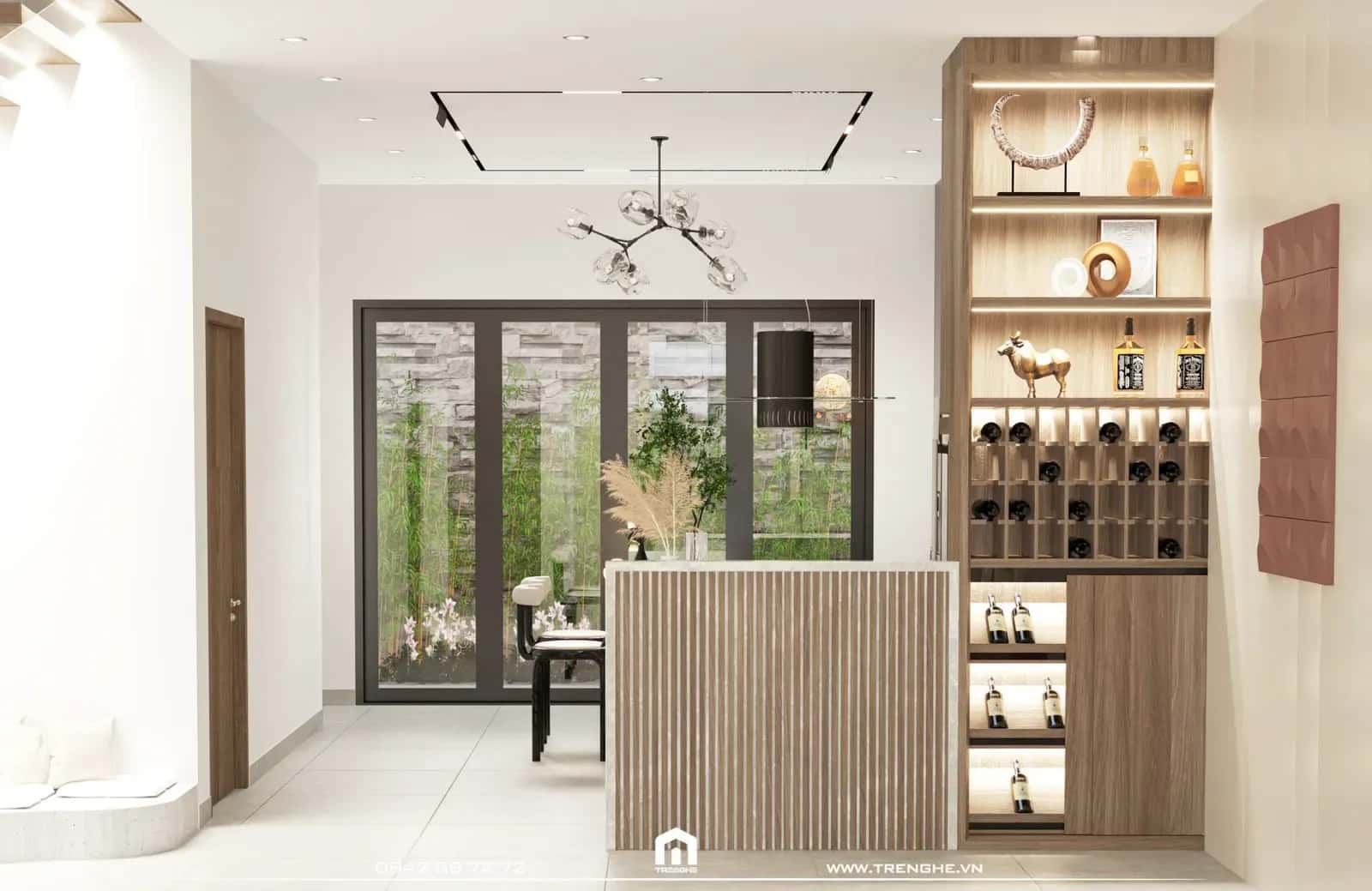 Vách ngăn gian bếp L’ House thiết kế từ hệ tủ kệ kịch trần và lam gỗ