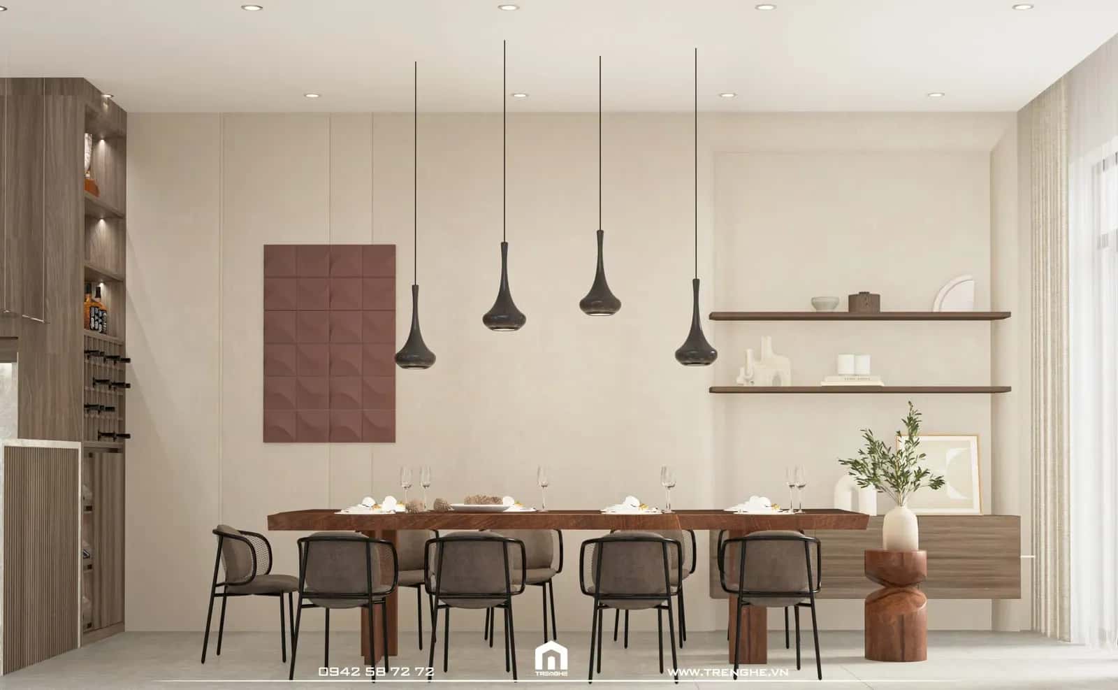 Khu vực bàn ăn dài tại gian bếp L’ House Hòa Long