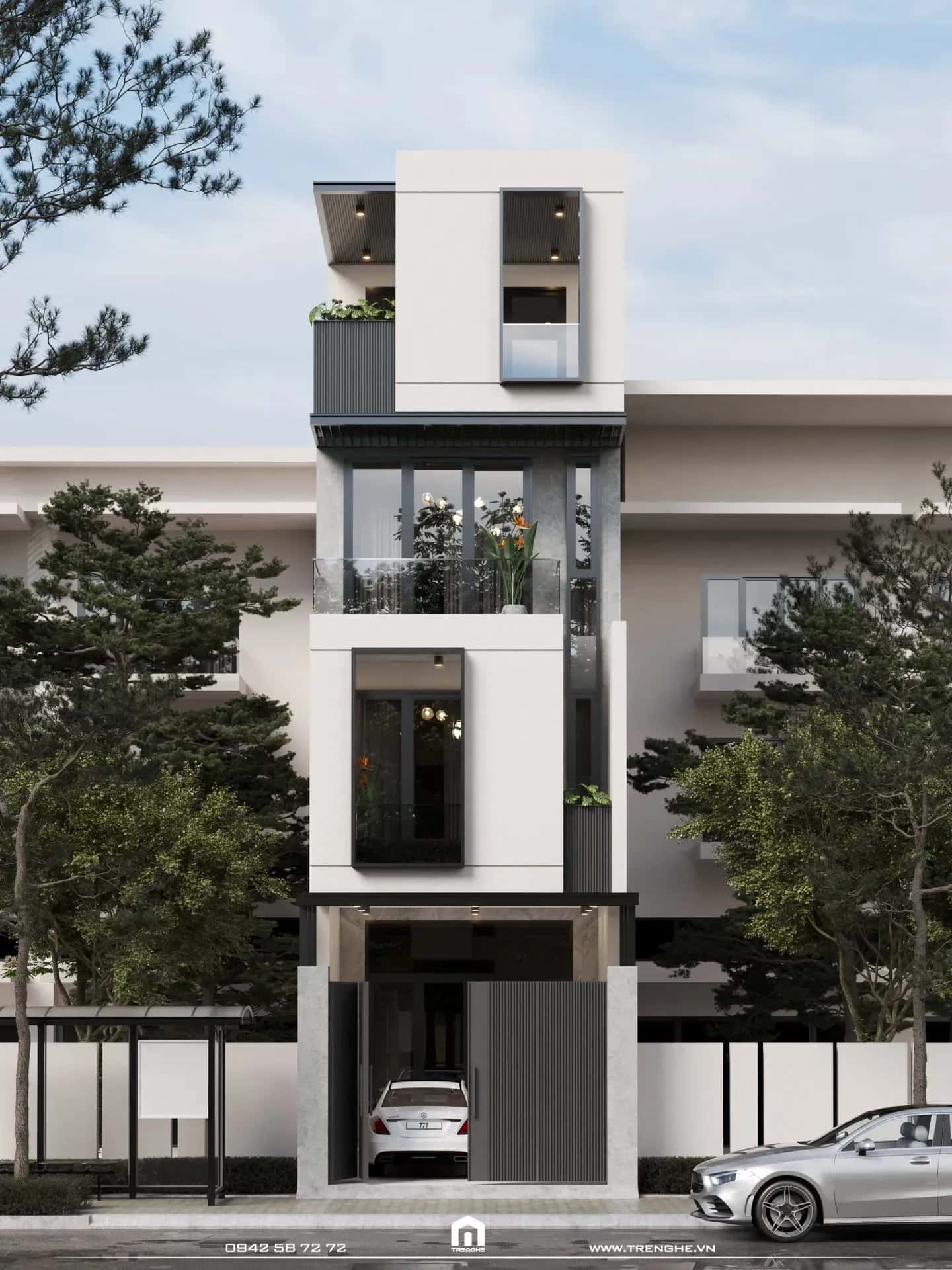 Mặt tiền Q’ House sử dụng các đường nét góc cạnh mạnh mẽ