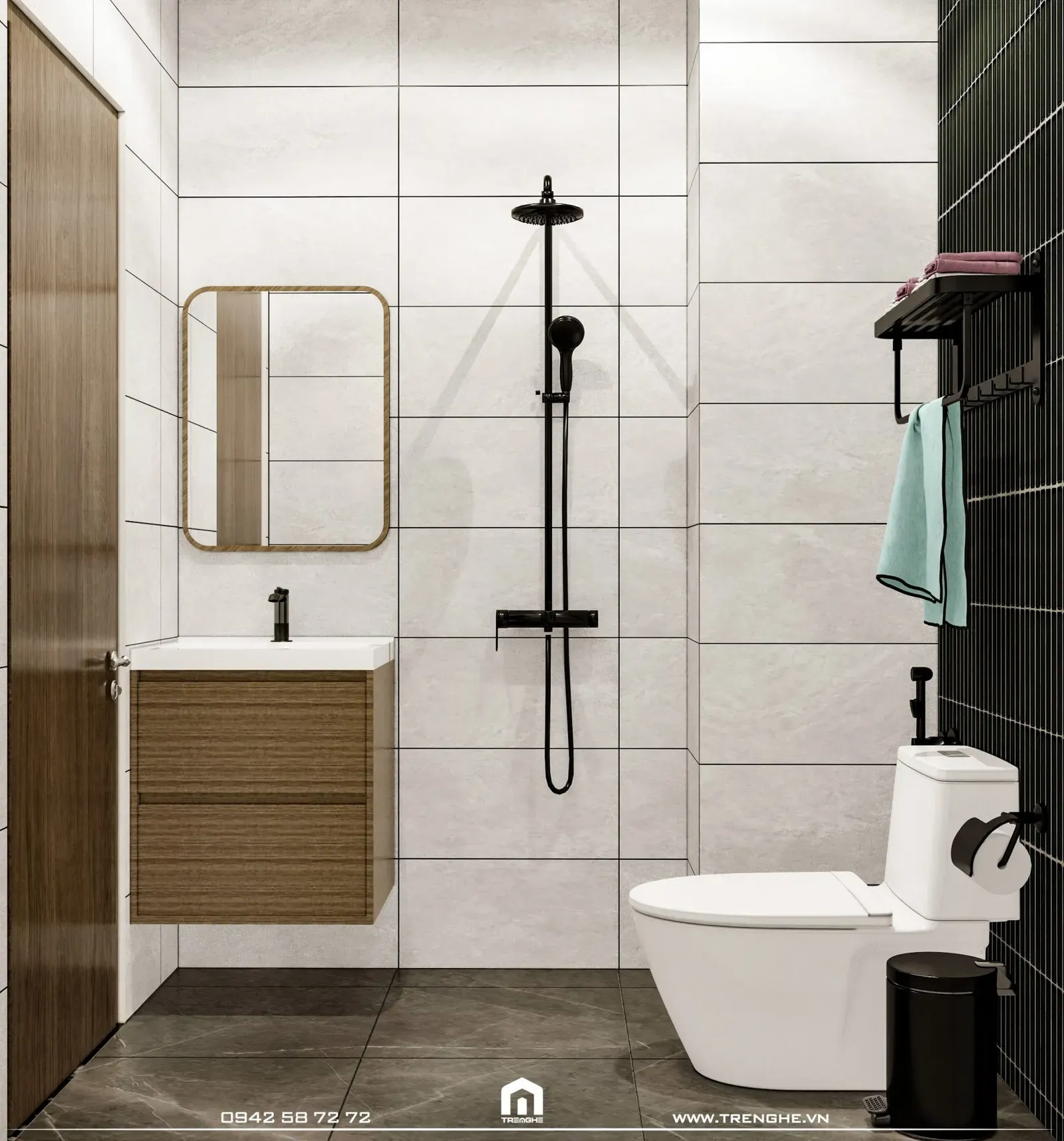 Hệ tủ lavabo treo tường kết hợp với gương soi lớn