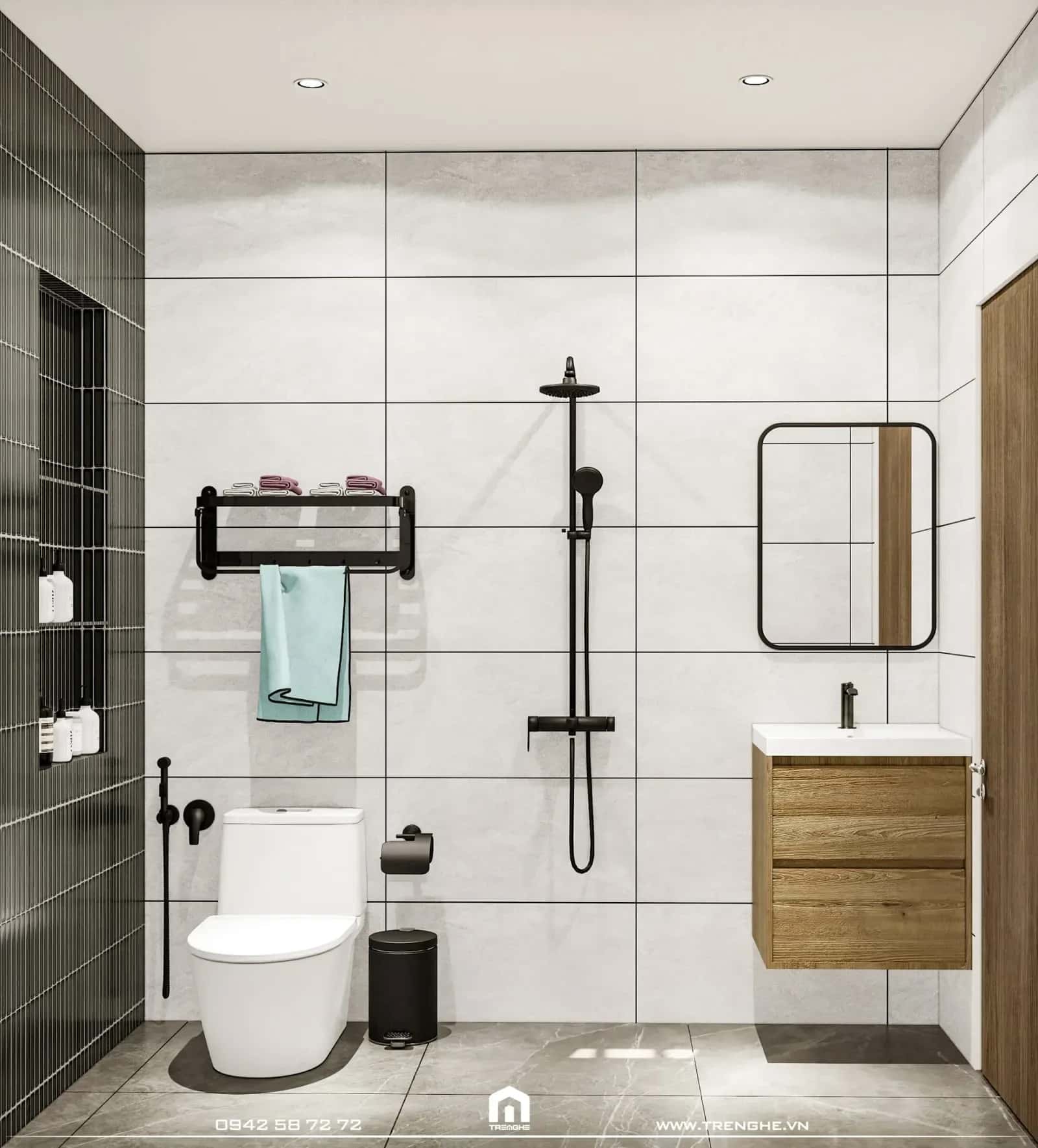 Khu vực vệ sinh và phòng tắm đứng được ngăn cách để không gian luôn khô thoáng