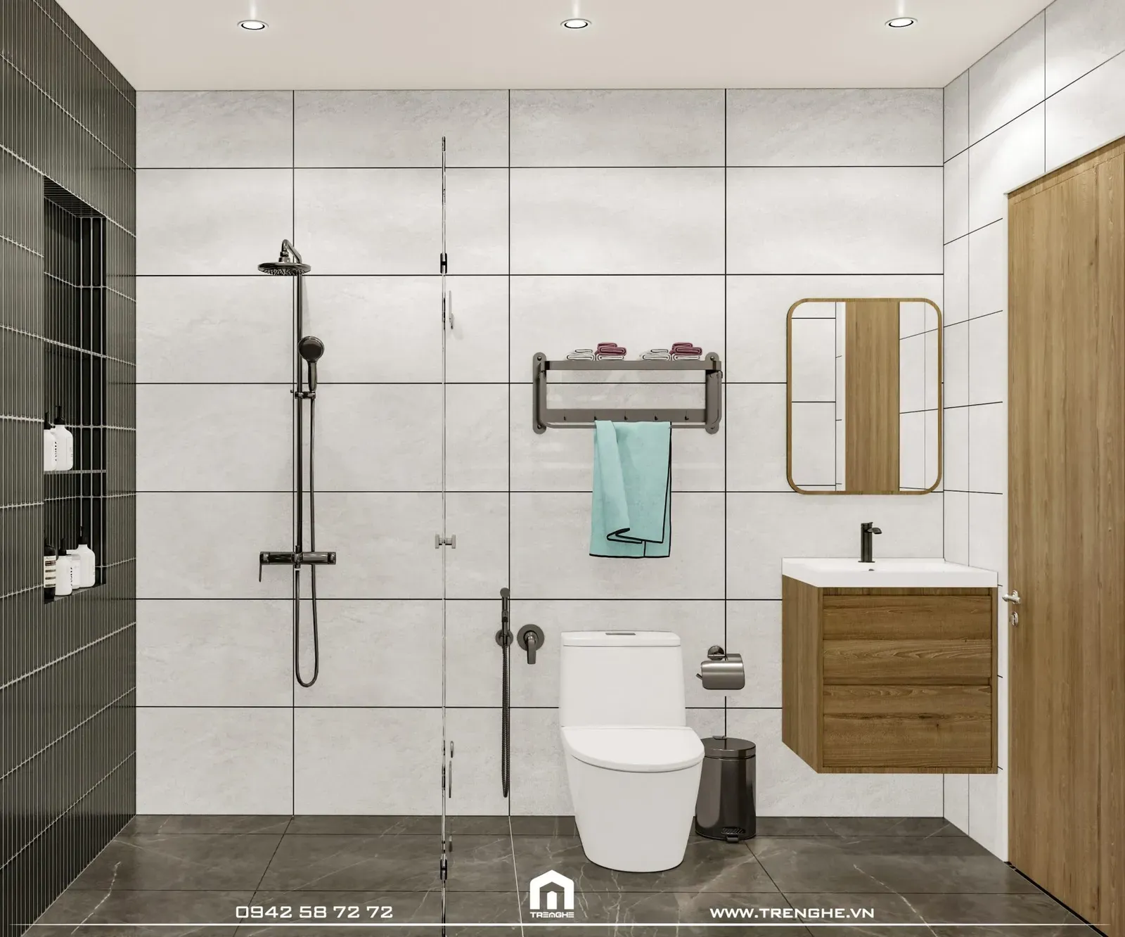 Phòng vệ sinh được ốp toàn bộ gạch cho tường và sàn