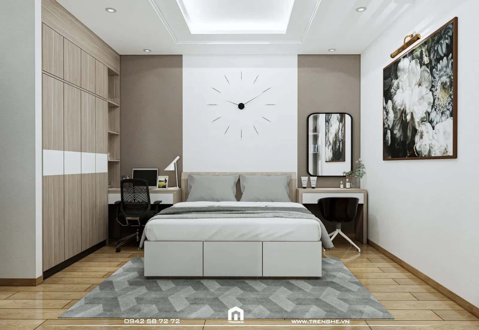 Phòng ngủ Master của G’ House với gam màu trung tính