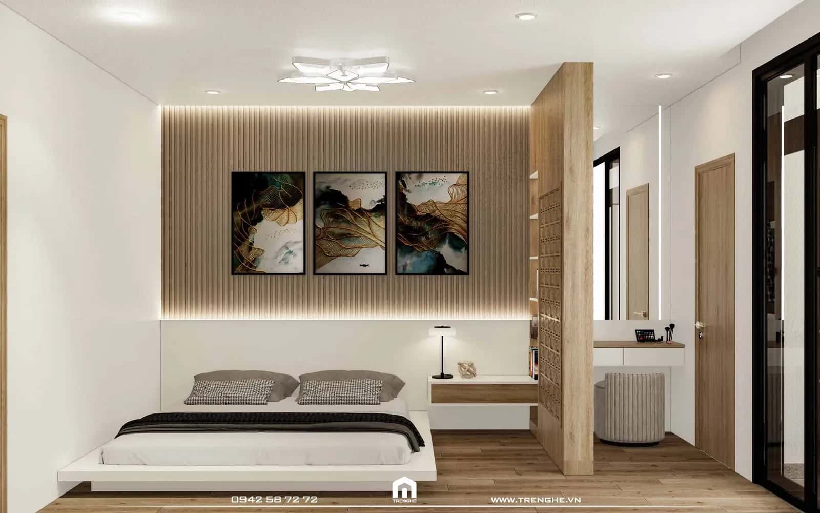 Phòng ngủ master nhà phố G’ House sử dụng vật liệu gỗ chủ đạo