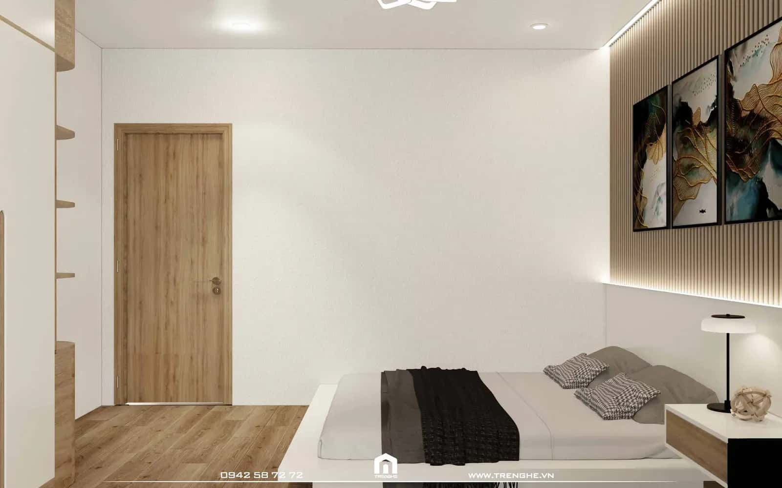 Toàn bộ phần sàn phòng ngủ nhà phố G’ House ốp tấm gỗ nâu
