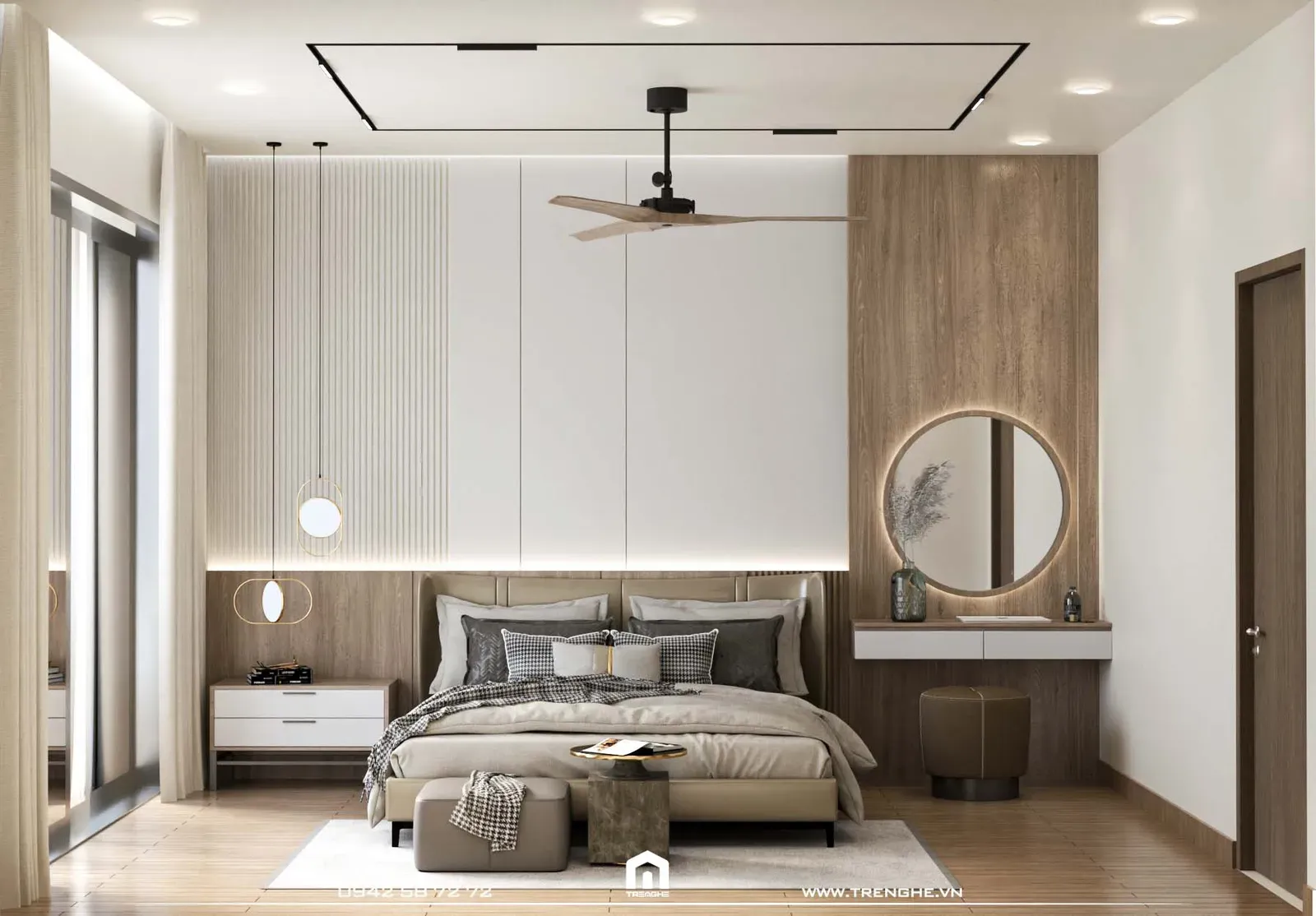 Phòng ngủ master được bố trí giường ngủ lớn tại nhà phố H’ House