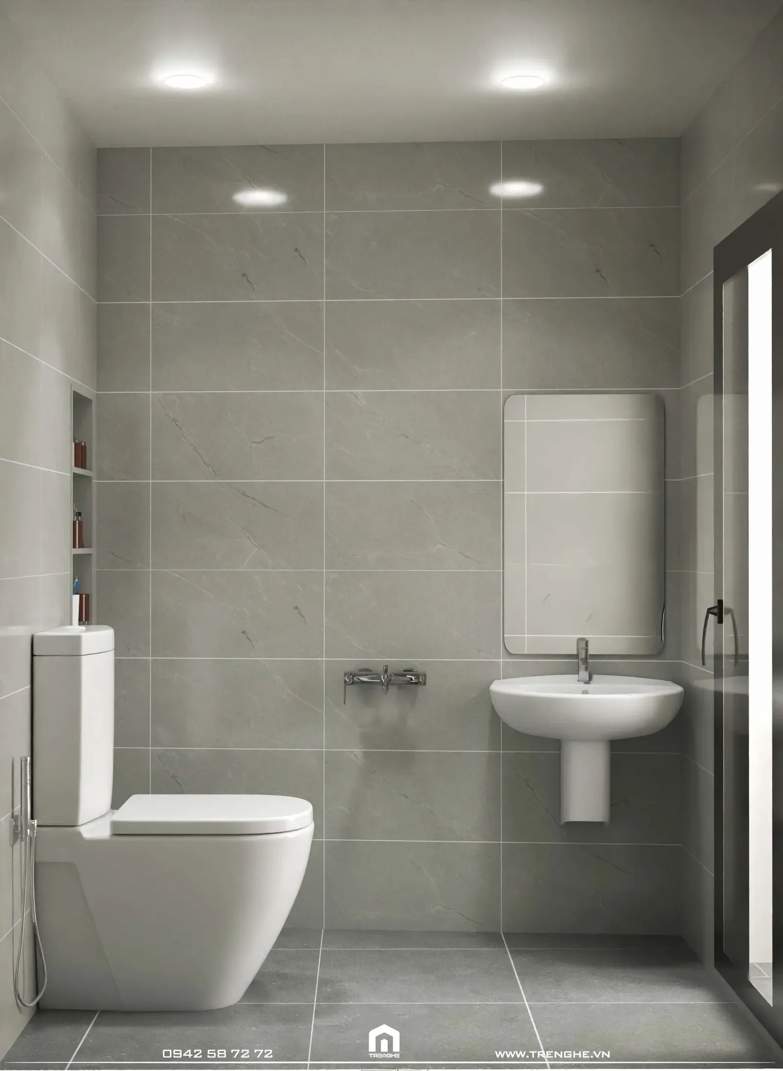 Toàn bộ tường và sàn nhà vệ sinh được ốp gạch nhám an toàn