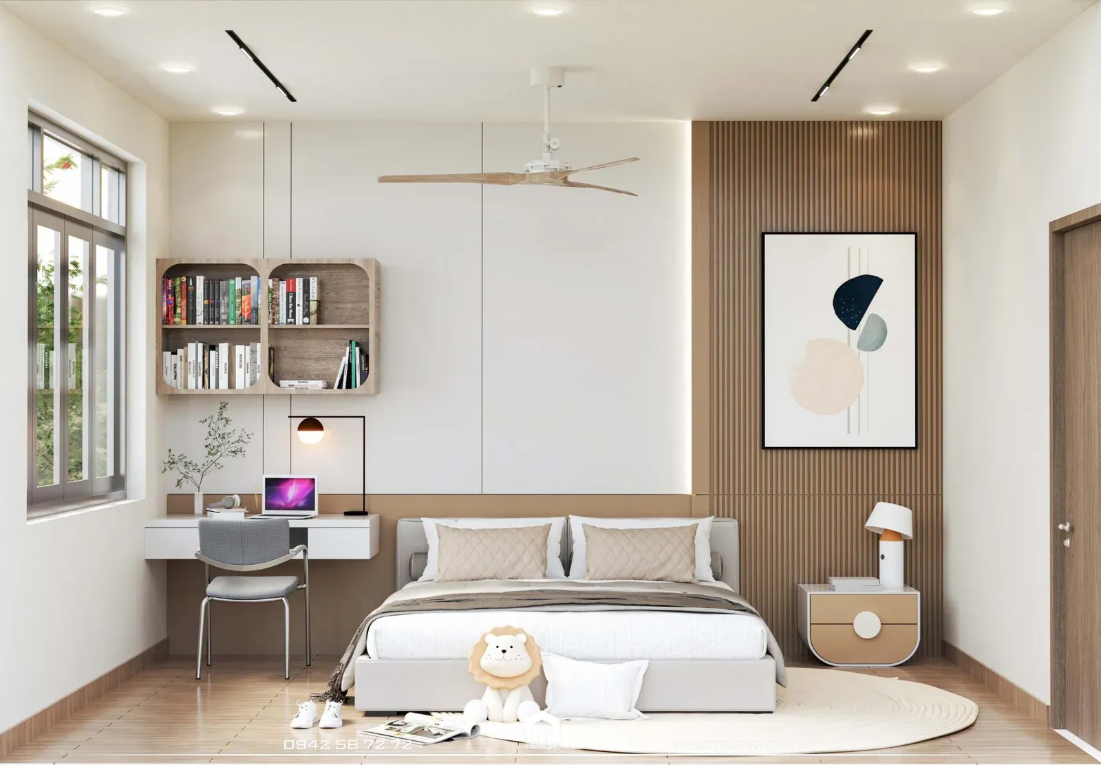 Giường ngủ mềm mại bọc da tại phòng ngủ nhà phố H’ House
