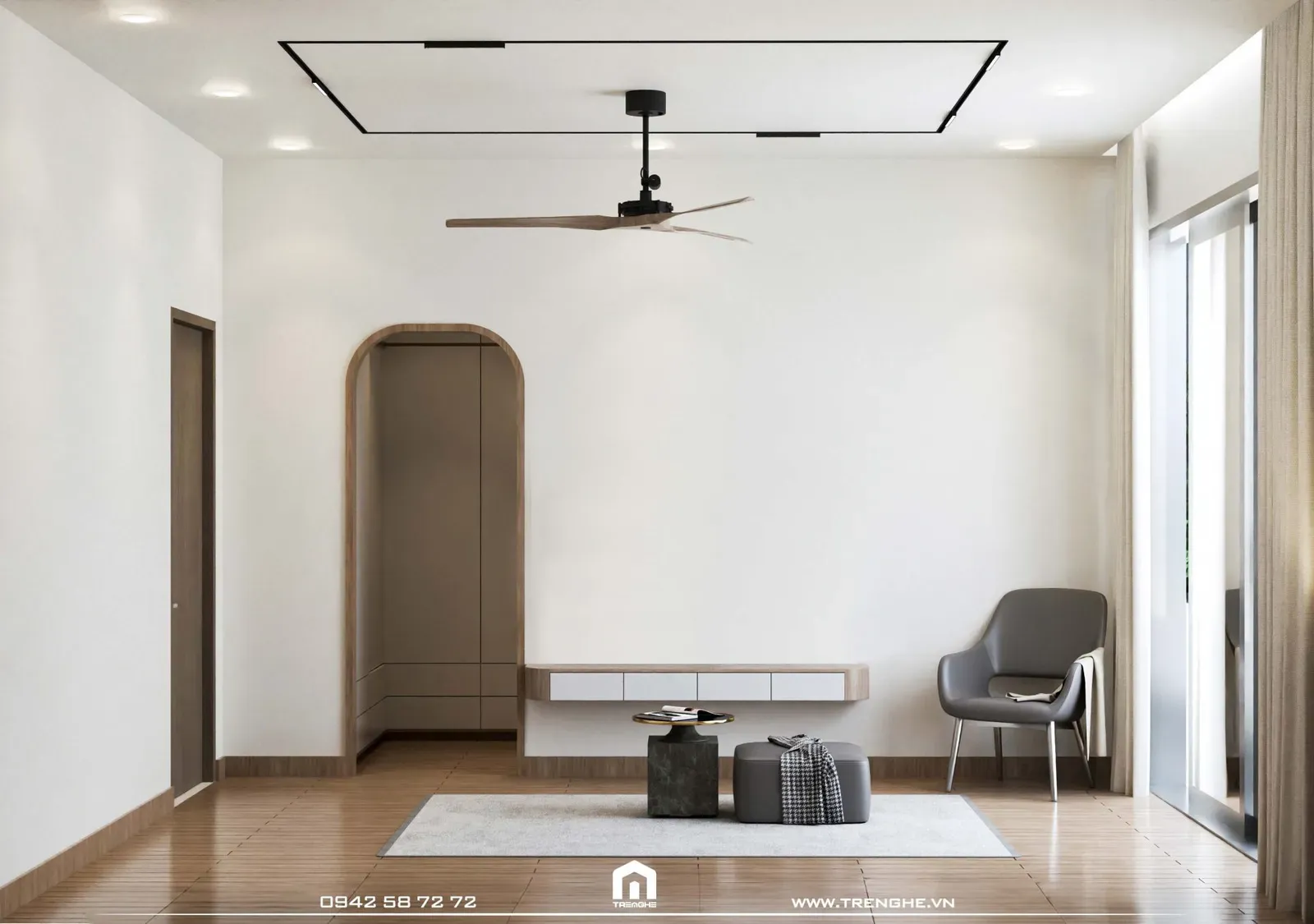 Phòng ngủ nhà phố H’ House bố trí cửa kính lớn để đón ánh sáng tự nhiên