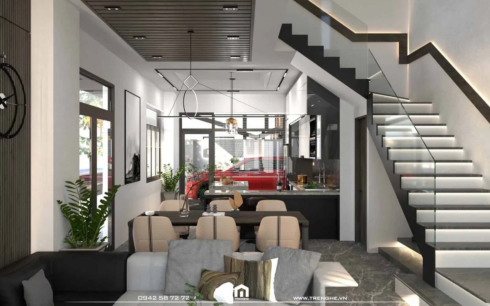 Khu vực cầu thang thông tầng được bố trí liền kề phòng khách nhà phố H’ House