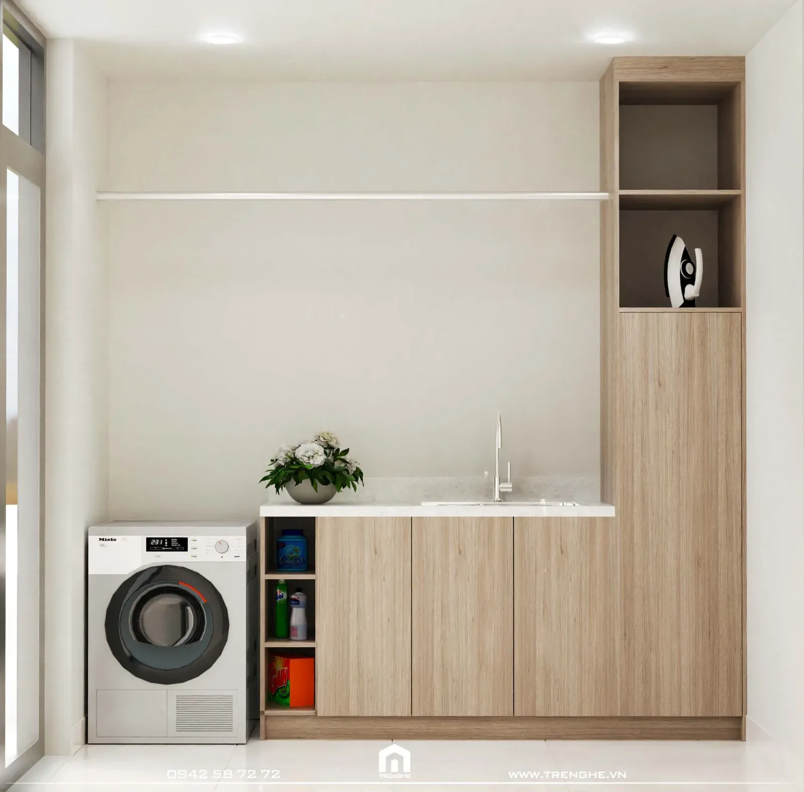 Khu vực giặt phơi bố trí hệ kệ tủ tạo không gian lưu trữ