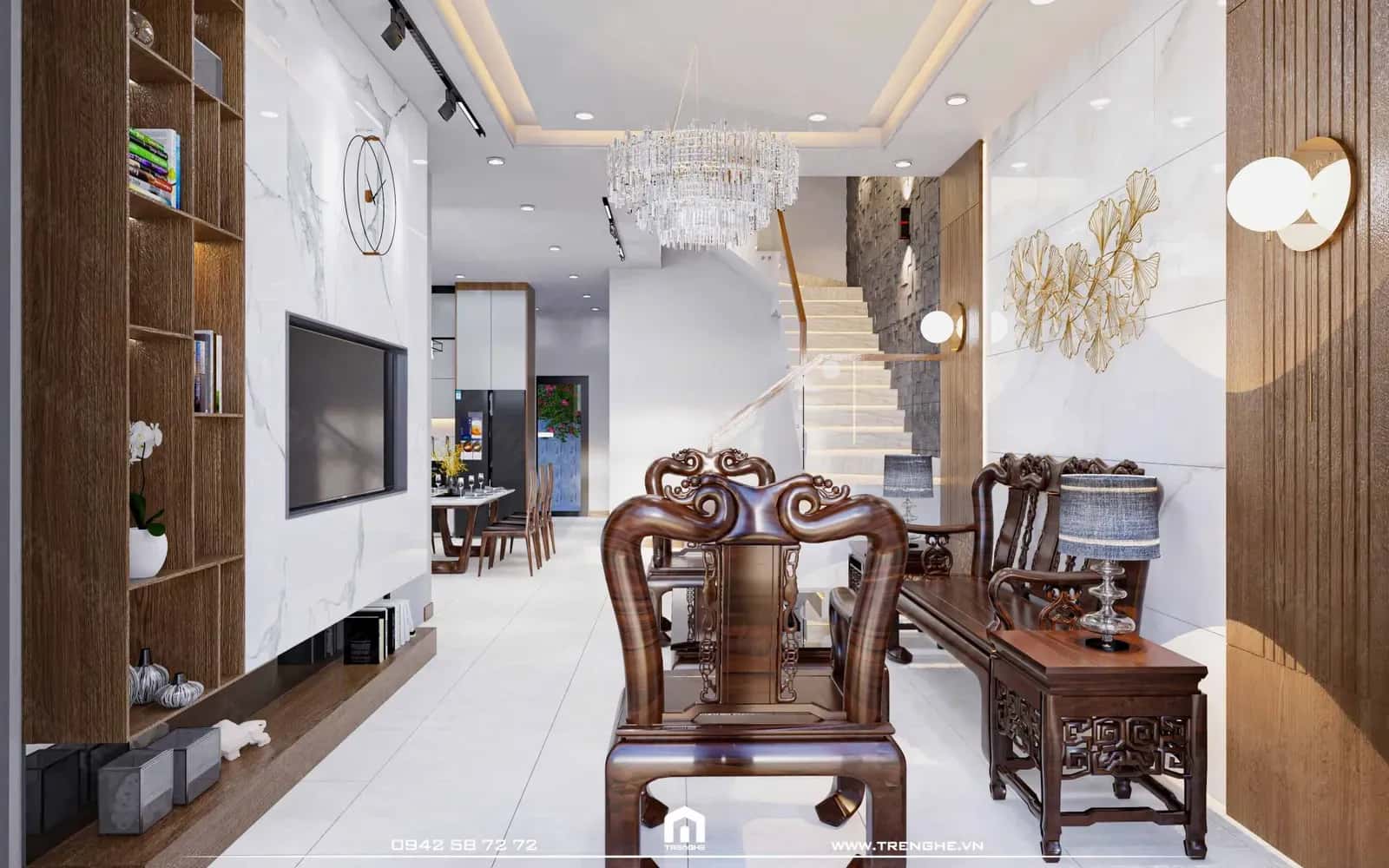 60% vật liệu tại phòng khách nhà phố T’ House là gỗ