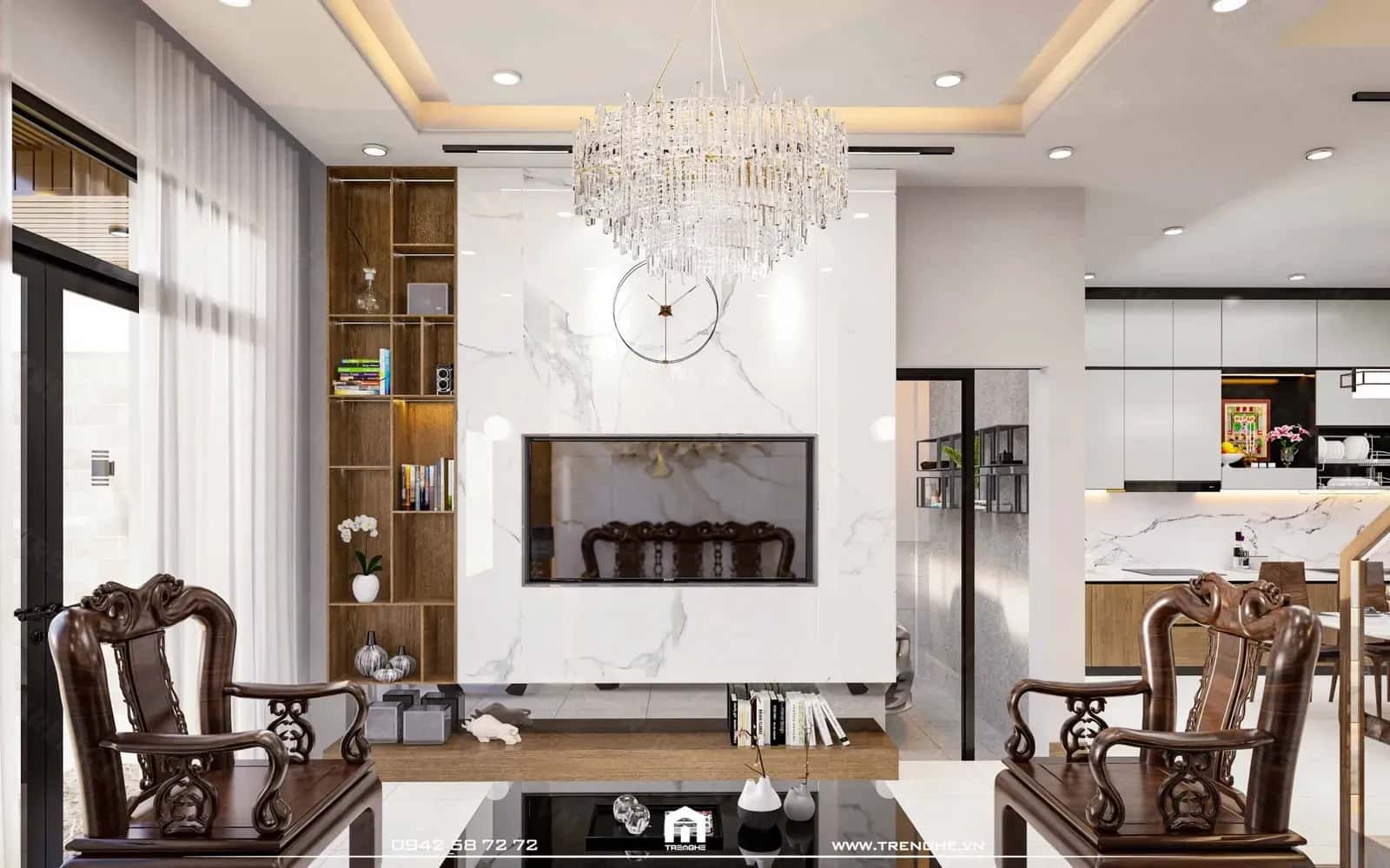 Hệ thống nội thất sang trọng với đèn chùm pha lê tại nhà phố T’ House