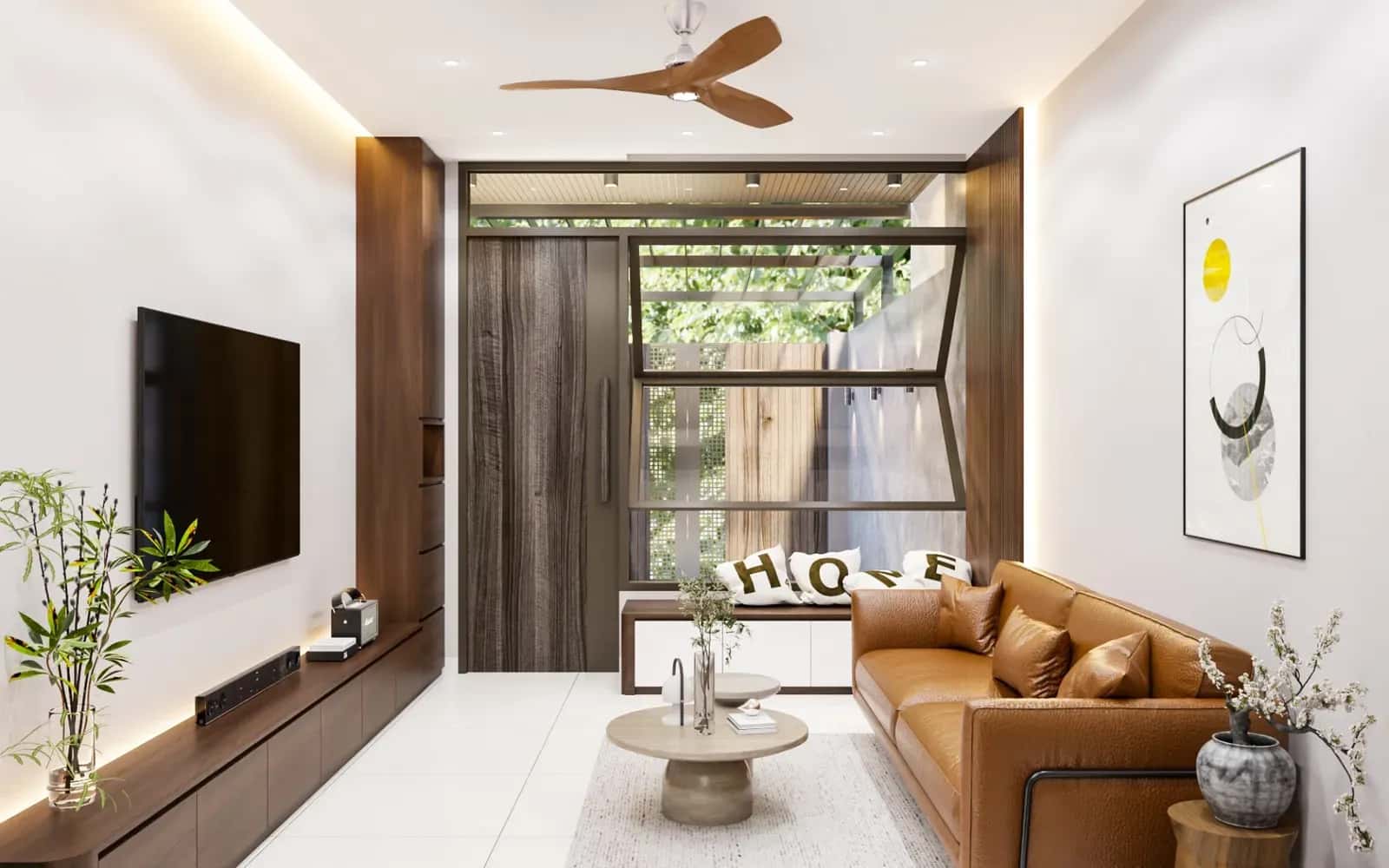 Không gian phòng khách mang màu nâu chủ đạo, nổi bật với bộ ghế sofa da màu da bò mang phong cách mid-century
