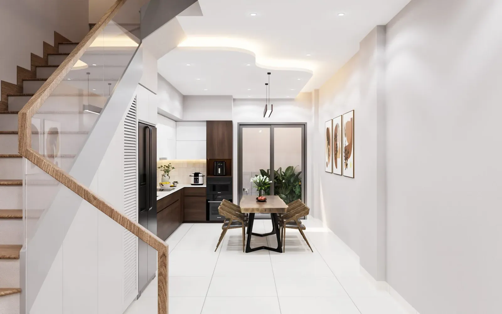 Khu vực bếp được bố trí cửa kính lớn dẫn ra vườn giúp tối đa hóa ánh sáng tự nhiên