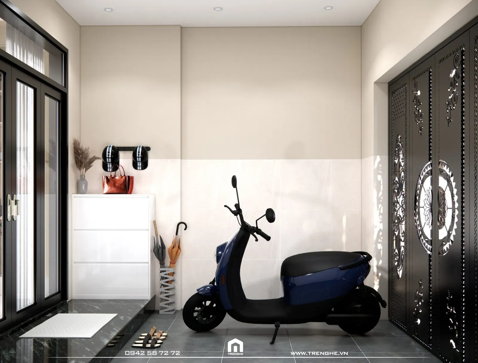 Khoảng sân nhỏ vừa vặn để đỗ xe và giúp mở rộng không gian ngôi nhà