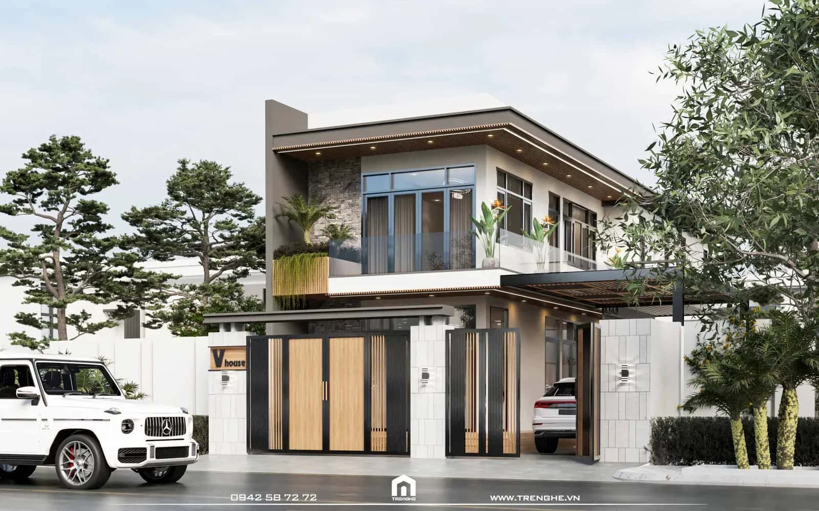 Mặt tiền nhà phố V’ House có 70% sử dụng vật liệu lam gỗ