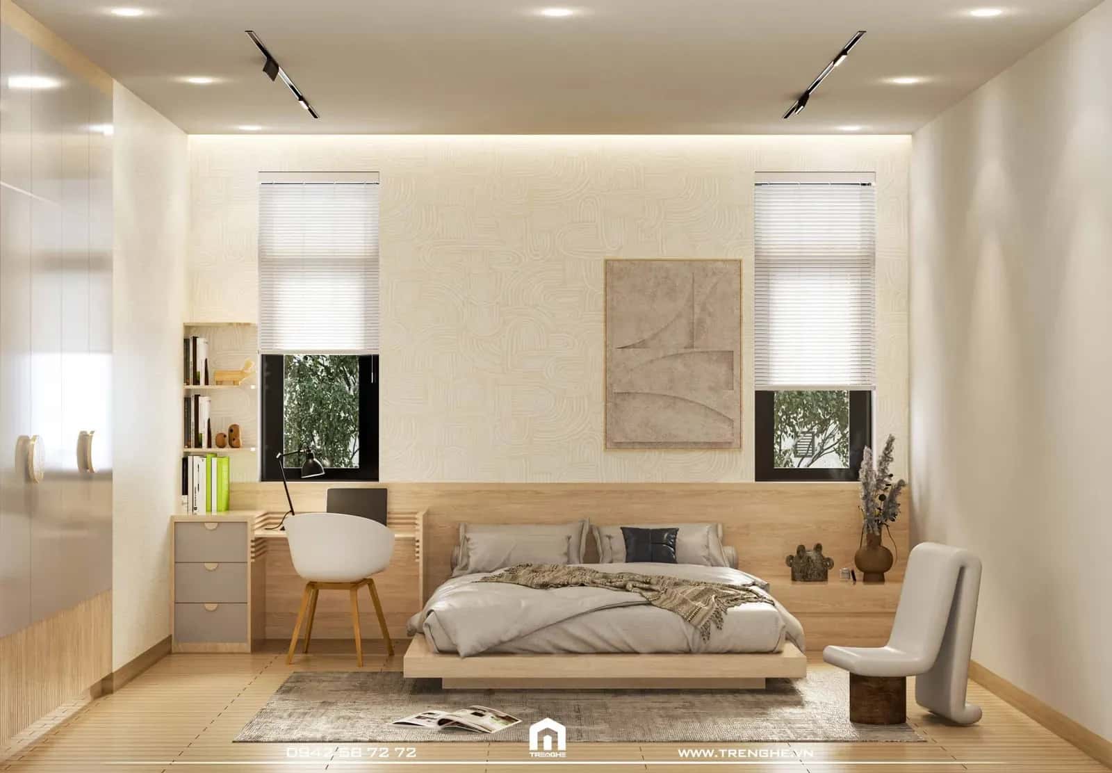 Phòng ngủ cho con bố trí bàn học và ghế ngồi thư giãn