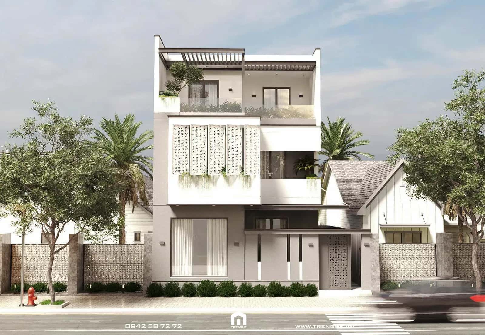 Kiến trúc mặt tiền T’ House sử dụng gam màu trắng – xám làm chủ đạo