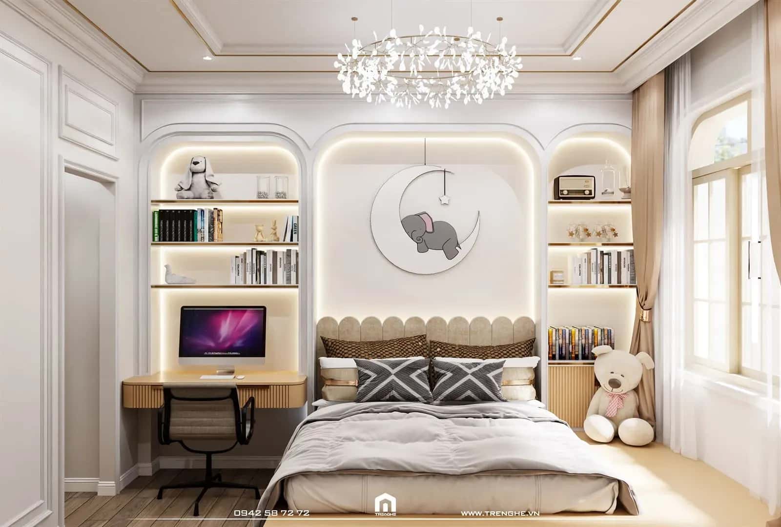 Những đường bo cong mềm mại giúp không gian phòng ngủ trở nên nhẹ nhàng và trong trẻo hơn