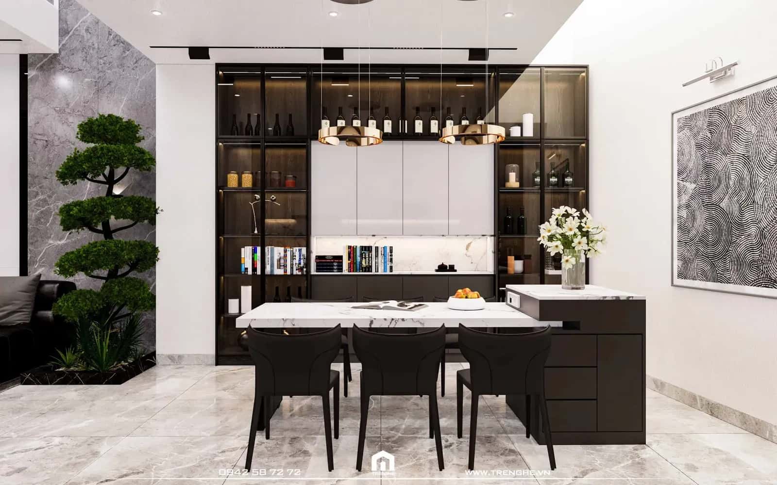 Hệ tủ rượu kính và bộ bàn ăn tạo nên không gian bếp hiện đại và ấm cúng