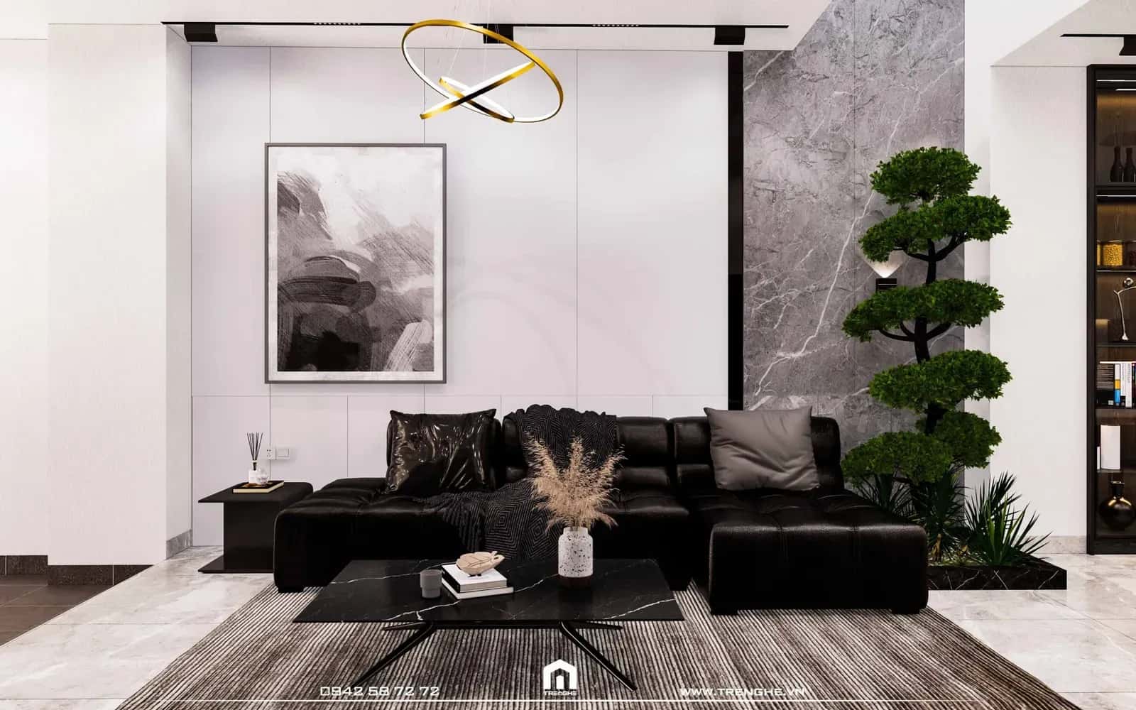 Nổi bật giữa phòng khách là bộ sofa góc L