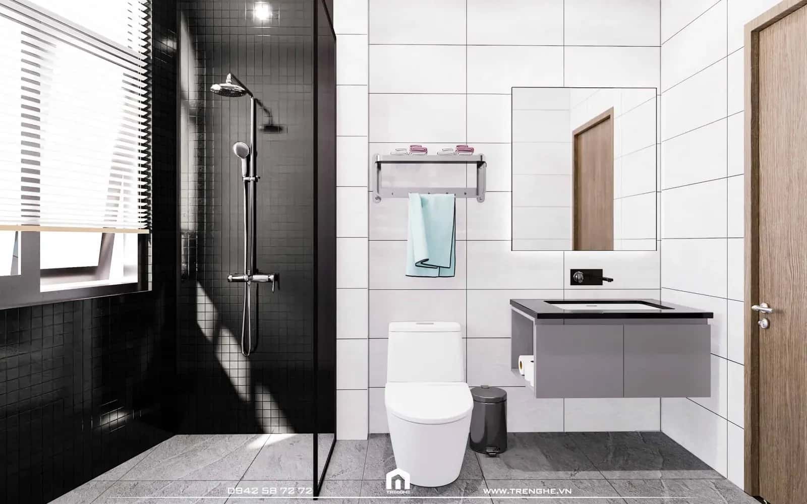 Nhà vệ sinh phòng ngủ master sử dụng bức tường trang trí màu xám đậm làm điểm nhấn