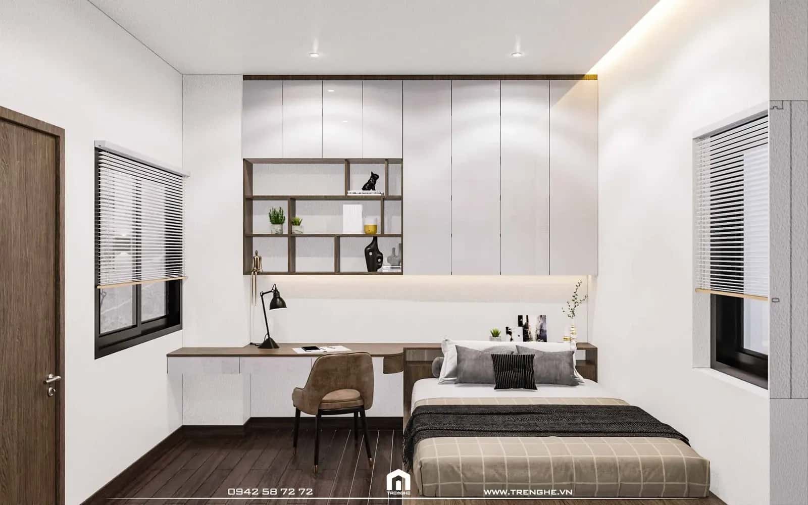 Phòng ngủ cho bé sử dụng chất liệu chính là gỗ và acrylic gam màu trắng