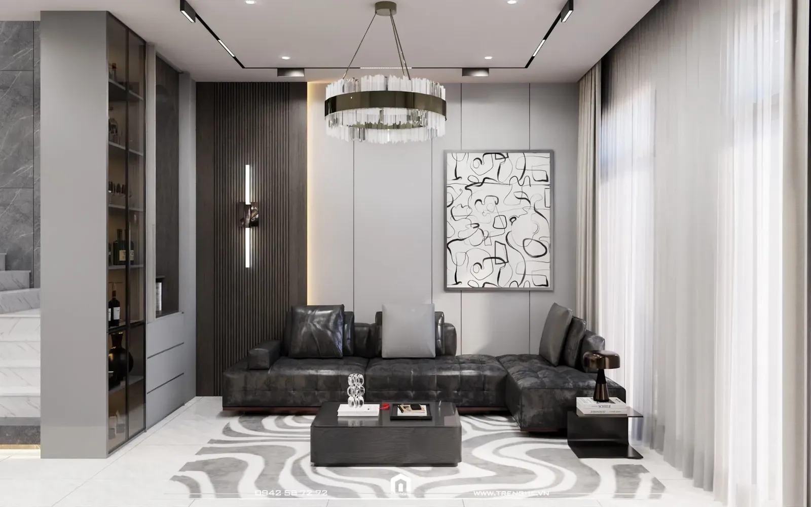 Bộ sofa hình chữ L chất liệu da gam màu đen nổi bật giữa không gian phòng khách