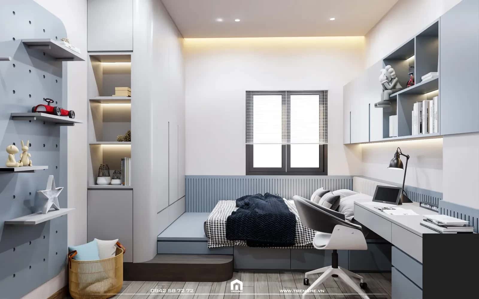 Phòng ngủ bé trai được lắp đặt đầy đủ các tiện ích phục vụ cho việc học tập và nghỉ ngơi cho bé